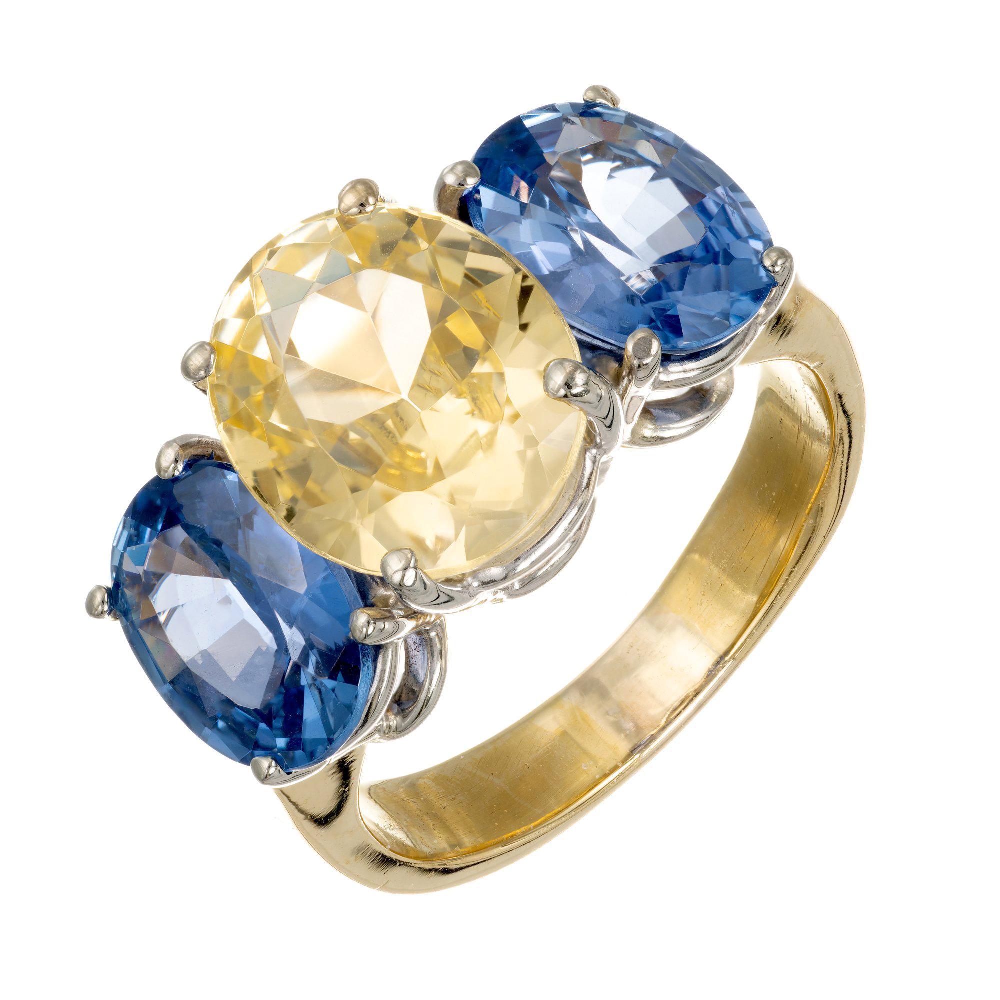 Bague de fiançailles à trois pierres en or avec saphir bleu jaune et jaune de 8,63 carats certifié GIA