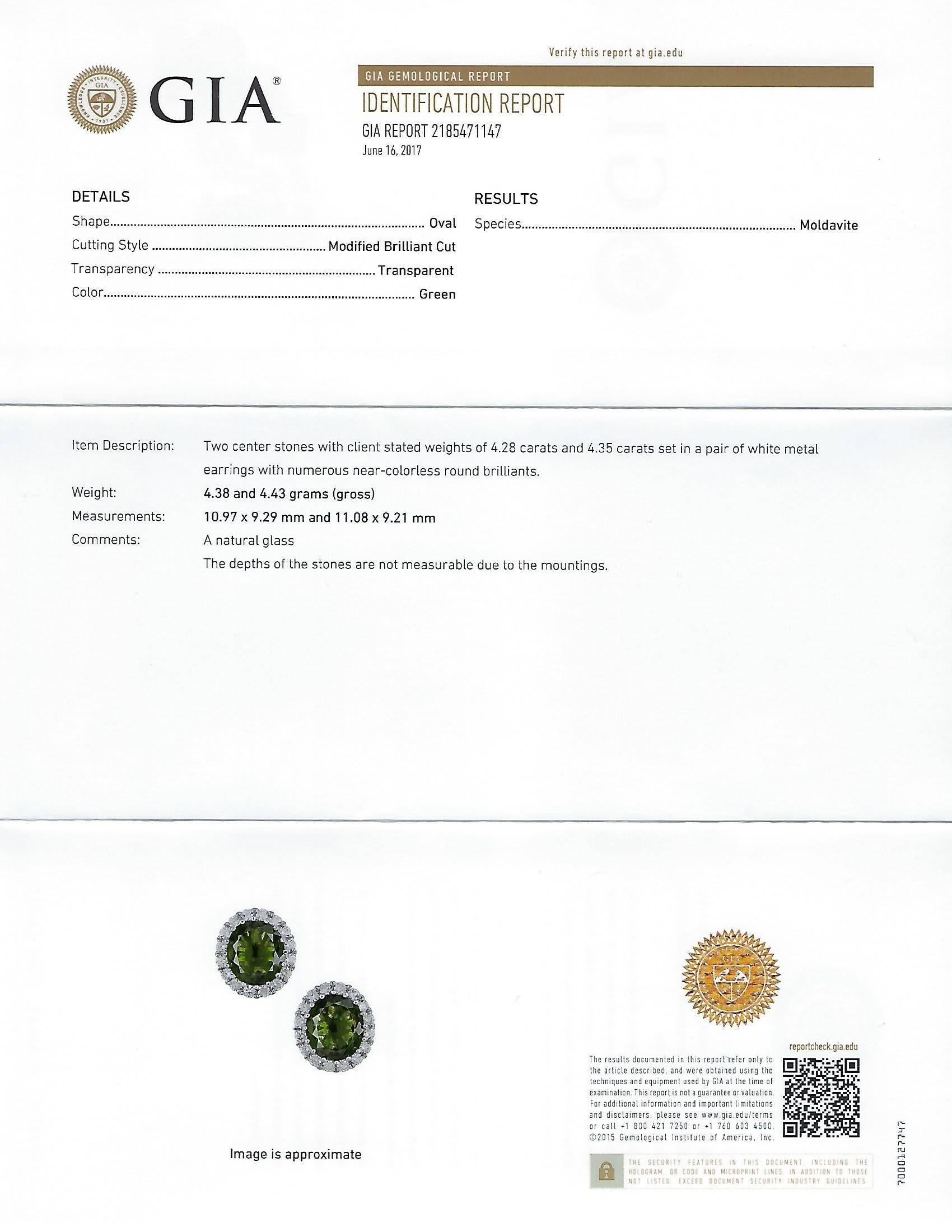 Oval Cut GIA Certified 8.63 Carat Oval Moldavite Diamond Gold Earrings For Sale