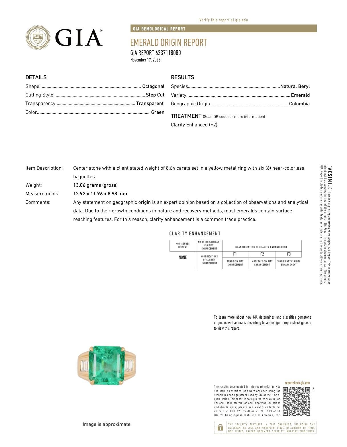 GIA Certified 8.64 Carat Colombian Emerald & Baguette Diamond Ring in 18K Gold  For Sale 6