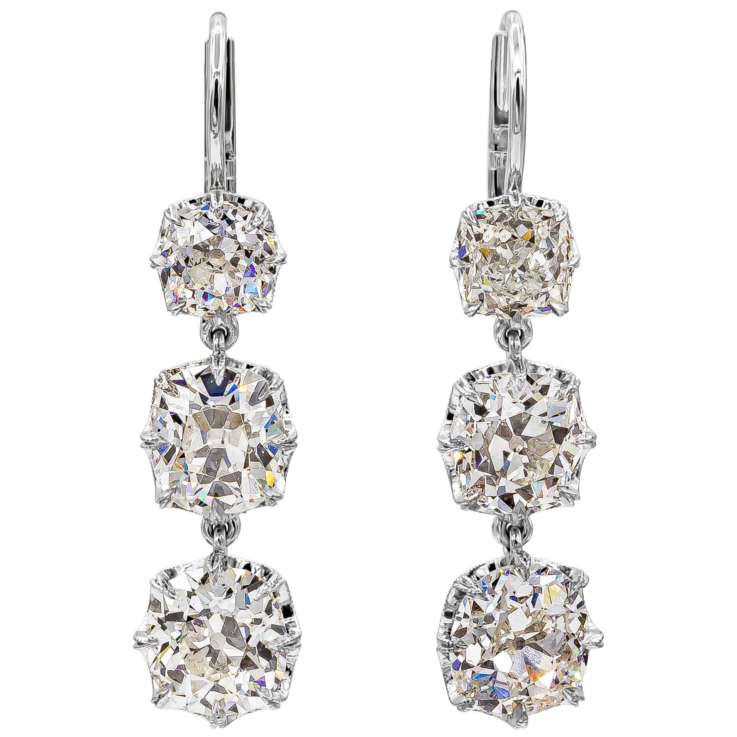 Boucles d'oreilles pendantes anciennes en diamants taille vieille mine de 8,64 carats au total, certifiés GIA