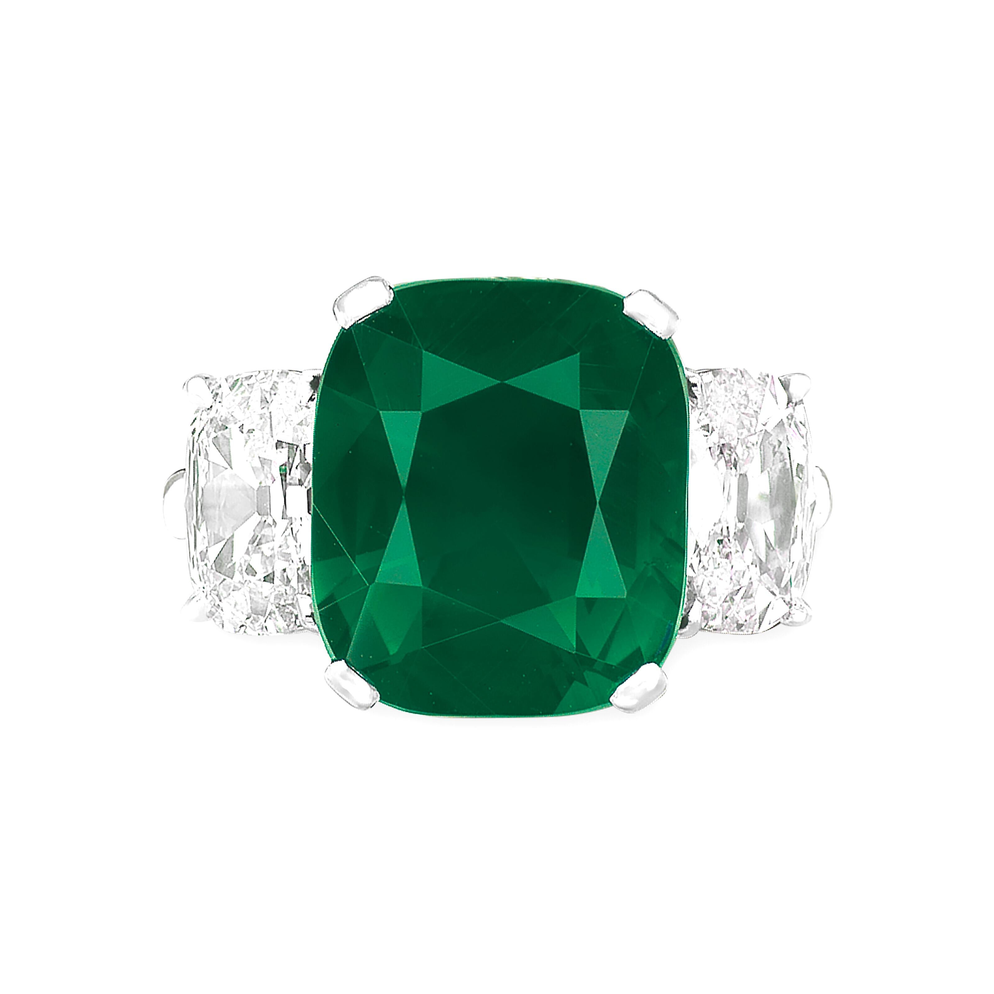 Contemporary GIA Certified 8.68 Colombian Emerald Diamond Ring For Sale