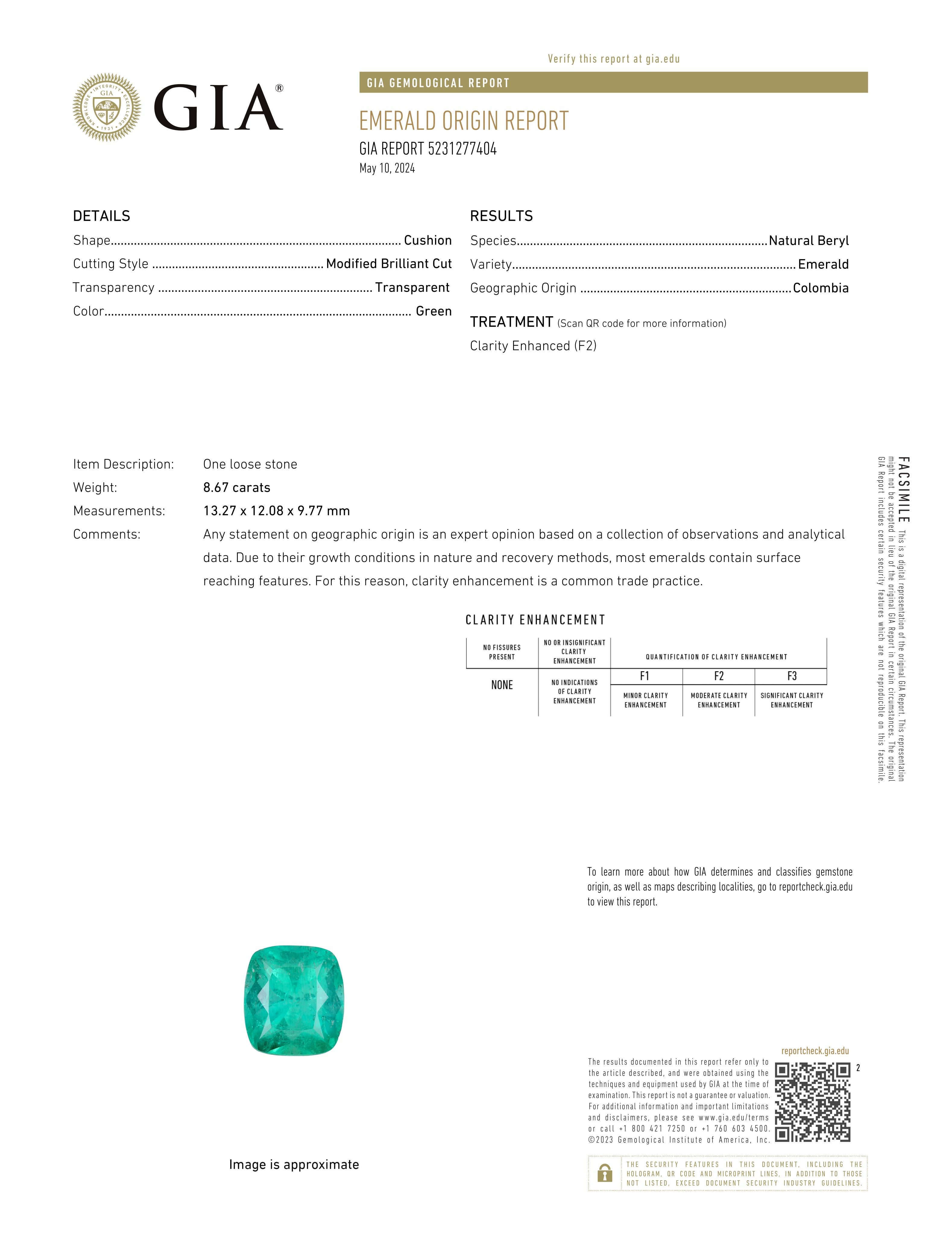 Cushion Cut GIA Certified 8.68 Colombian Emerald Diamond Ring For Sale