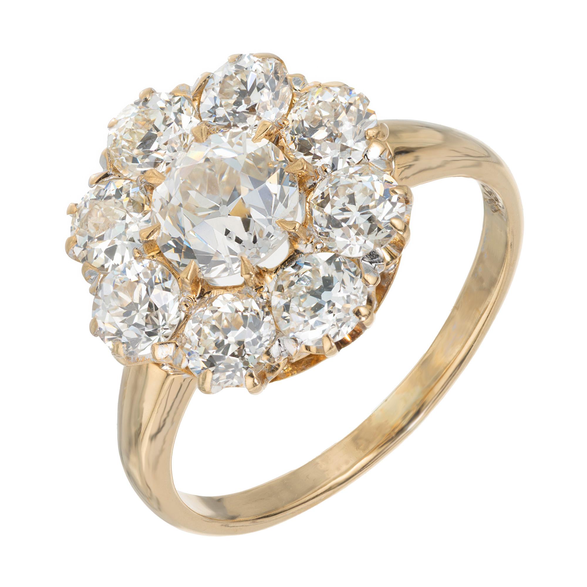 Art Deco diamond engagement ring. GIA certified .87ct Old European cut center stone with a halo of 8 Old European cut diamonds in its original 18k yellow gold cluster ring setting. This ring captures the embodiment of the Art Deco era.

1 Old Euro