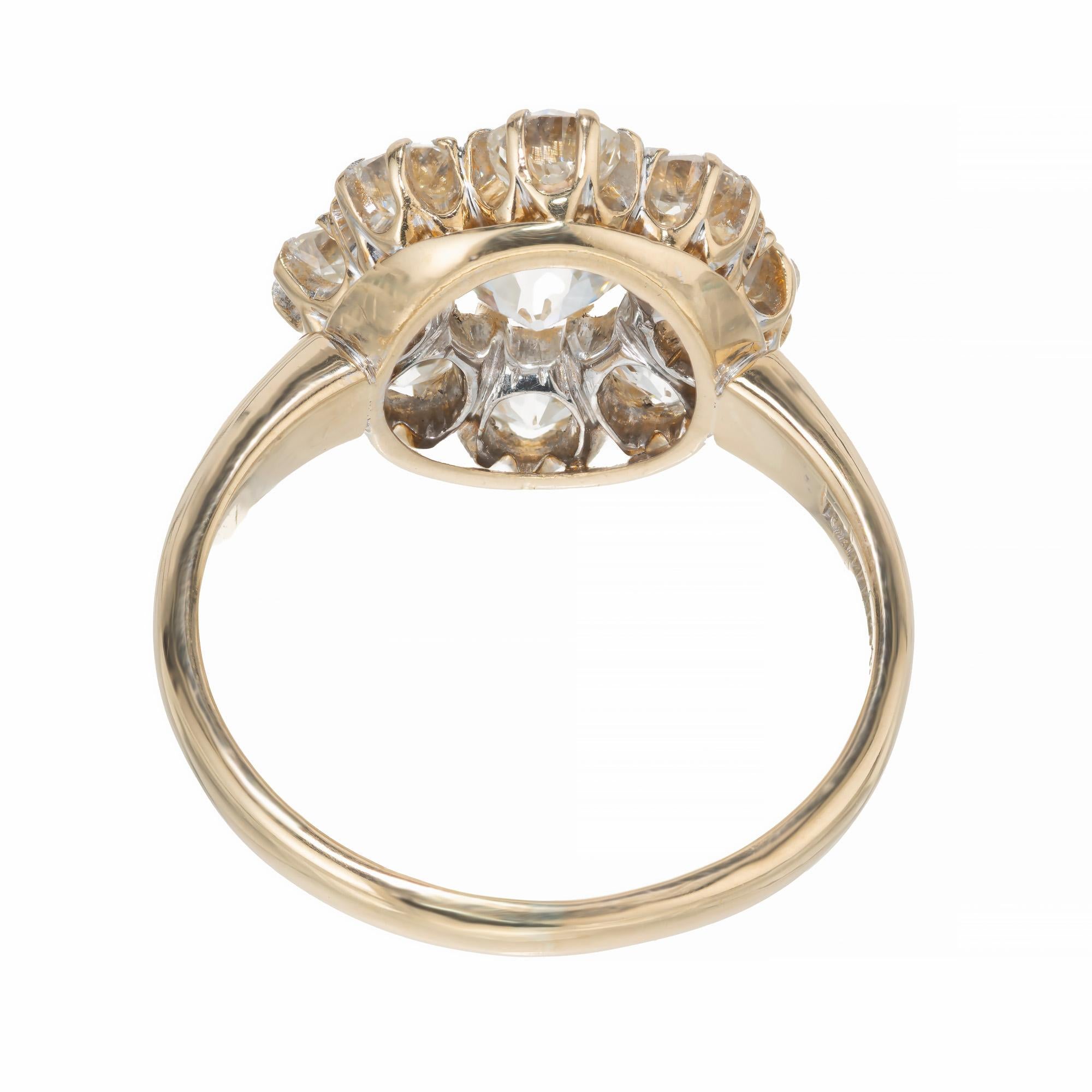 GIA Certified .87 Carat Diamond Halo Yellow Gold Cluster Engagement Ring For Sale 1