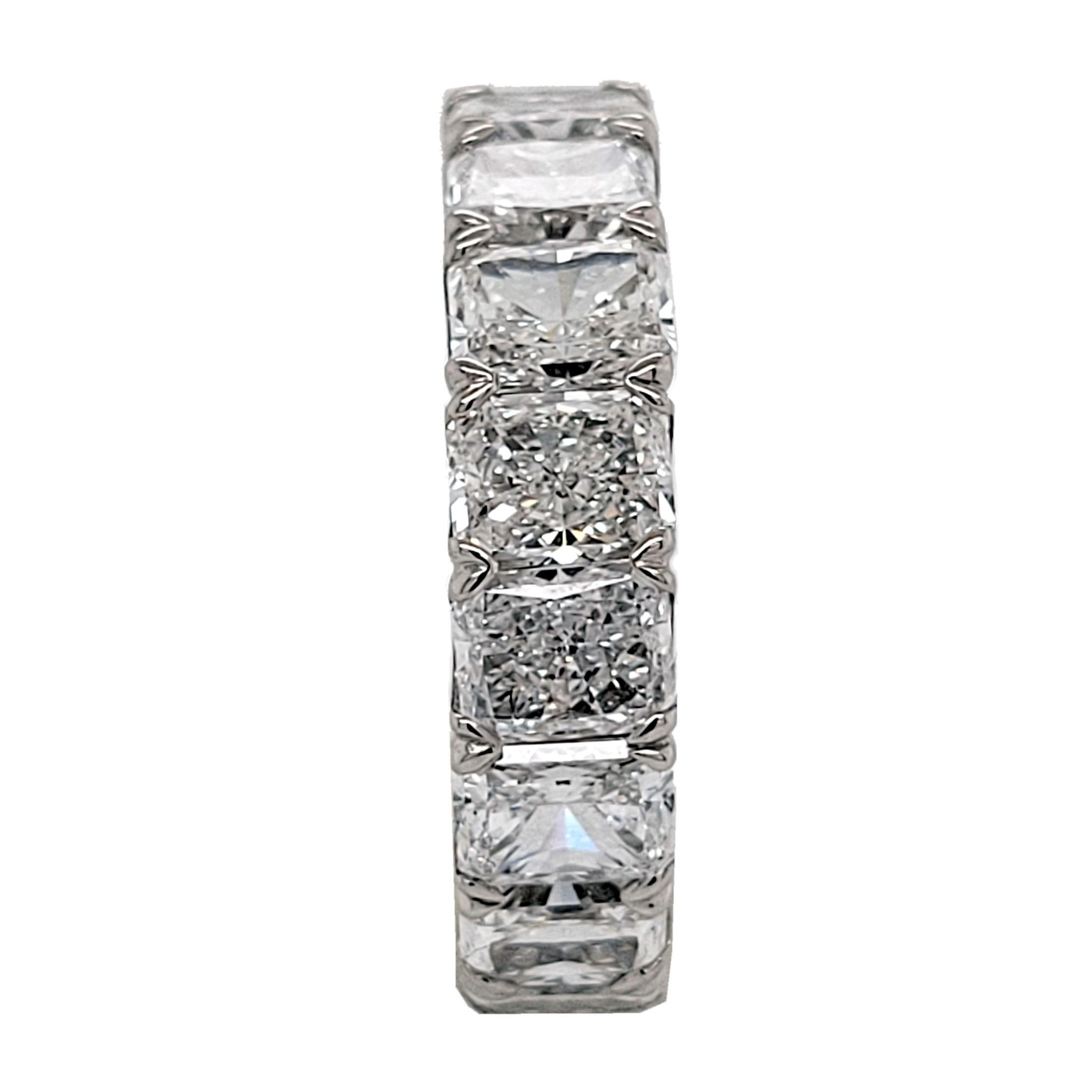 This beautiful Eternity Ring is made of Platinum showcasing 17 perfectly matched GIA Certified  (IF-VS2/D-G)  0.50 Ct Radiant Diamonds Set in Shared Prong Mode.
2 diamonds are E Color, 4 are F Color and 9 are G Color
2 diamonds is IF (Internal
