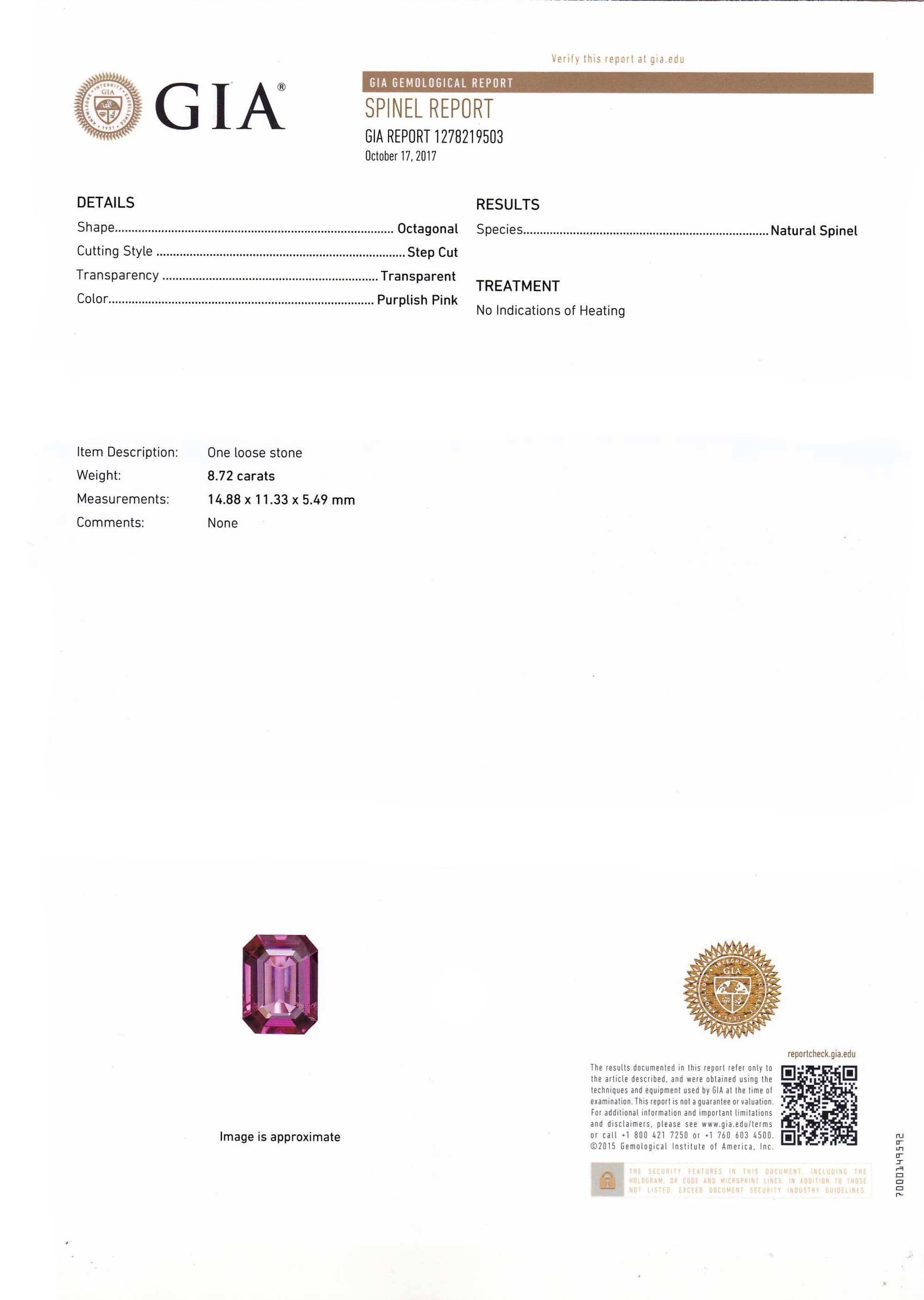 Emerald Cut GIA Certified 8.72 Carat Pink Spinel For Sale