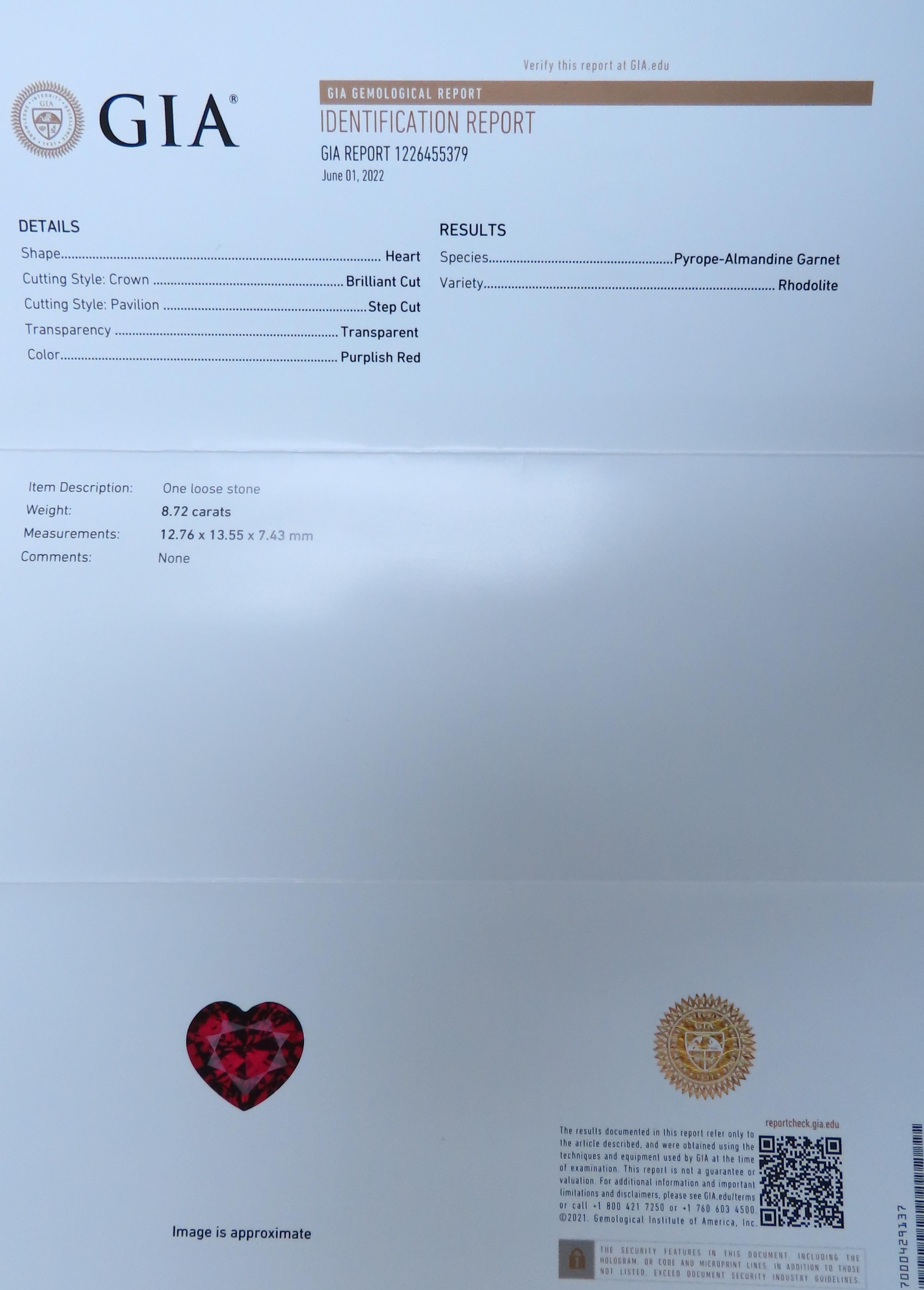 GIA Certified 8.72ct Collana aureola con granato a cuore Nature 14kt Rhodolite 12400 in vendita 1
