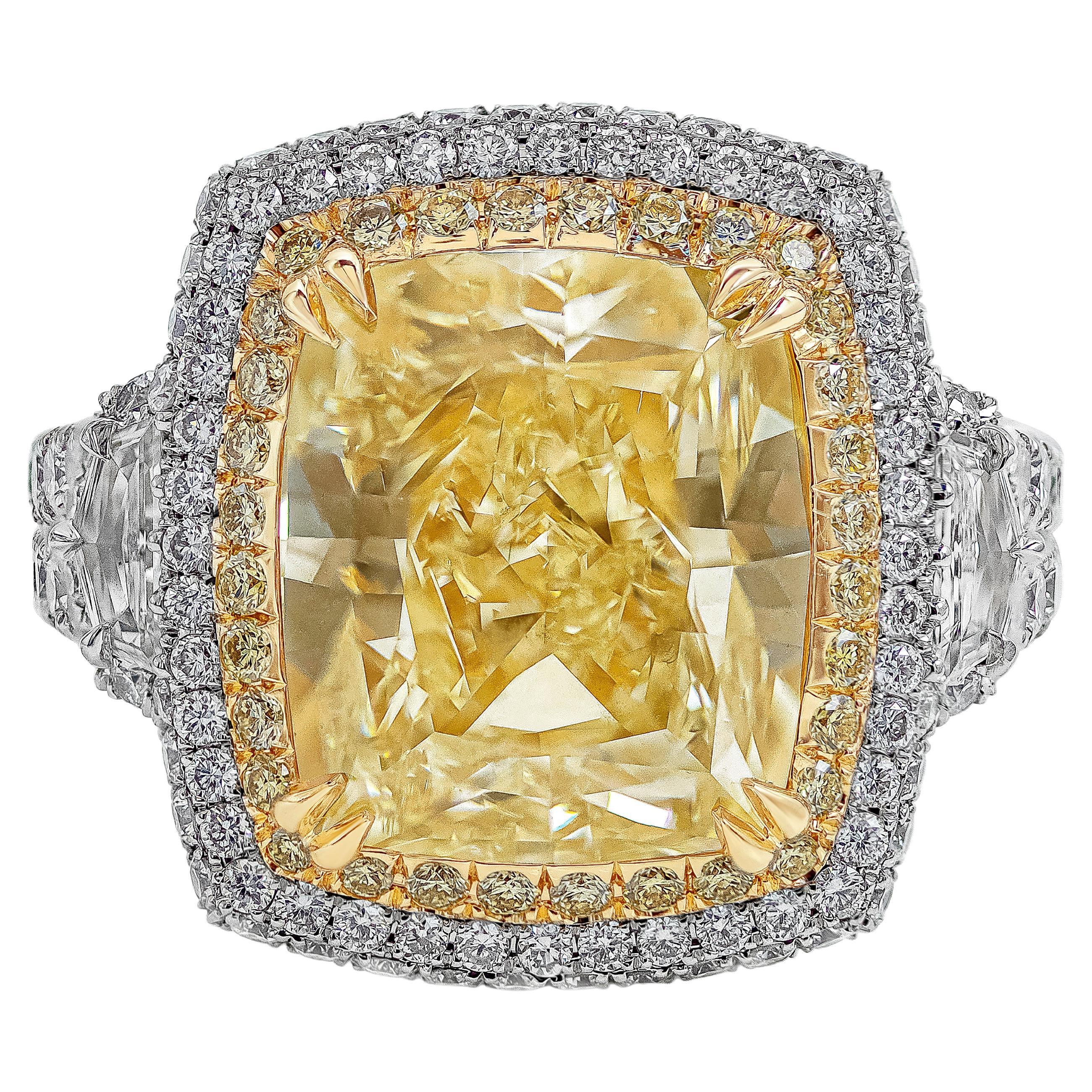 GIA Certified 8.77 Carat Light Yellow Diamond Three-Stone Halo Engagement Ring For Sale