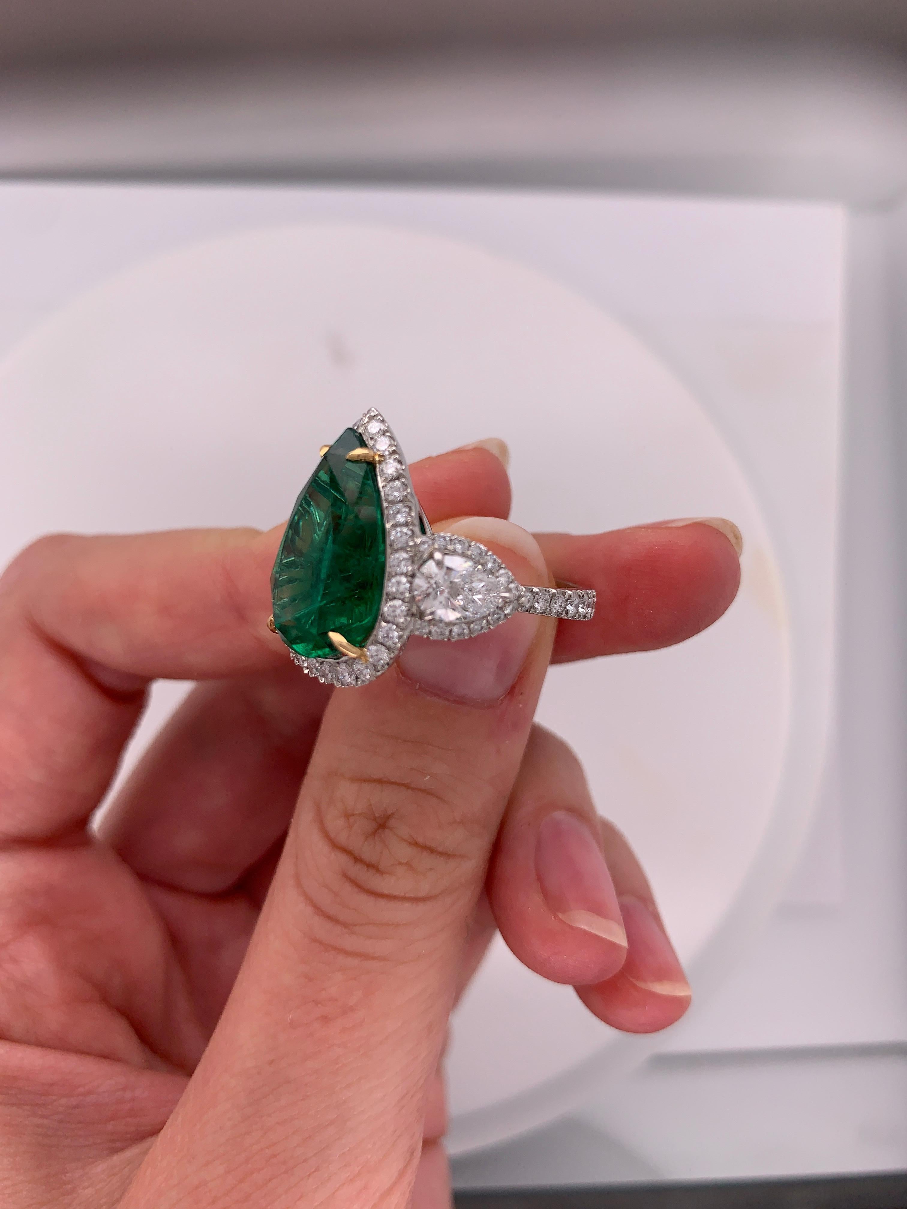 Women's GIA Certified 8.78 Carat Green Emerald Pear Shaped Platinum Ring with Diamonds For Sale