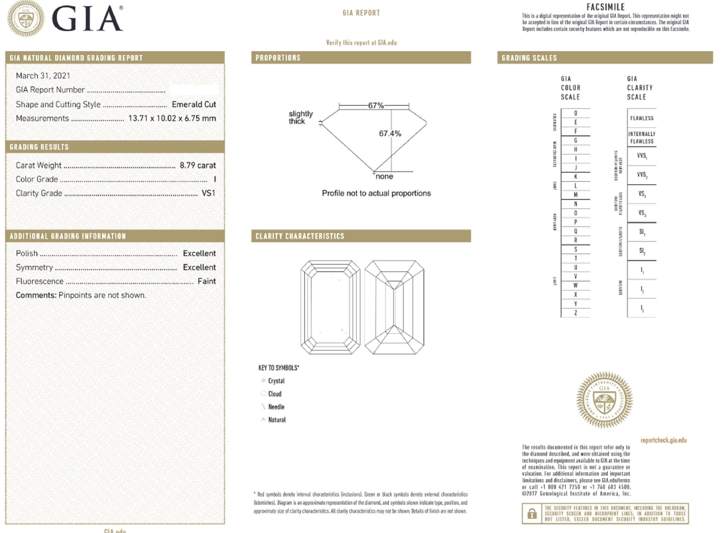 GIA-zertifizierter 8,79 Karat Diamantring mit Smaragdschliff VS1 Reinheit im Zustand „Neu“ in Chicago, IL