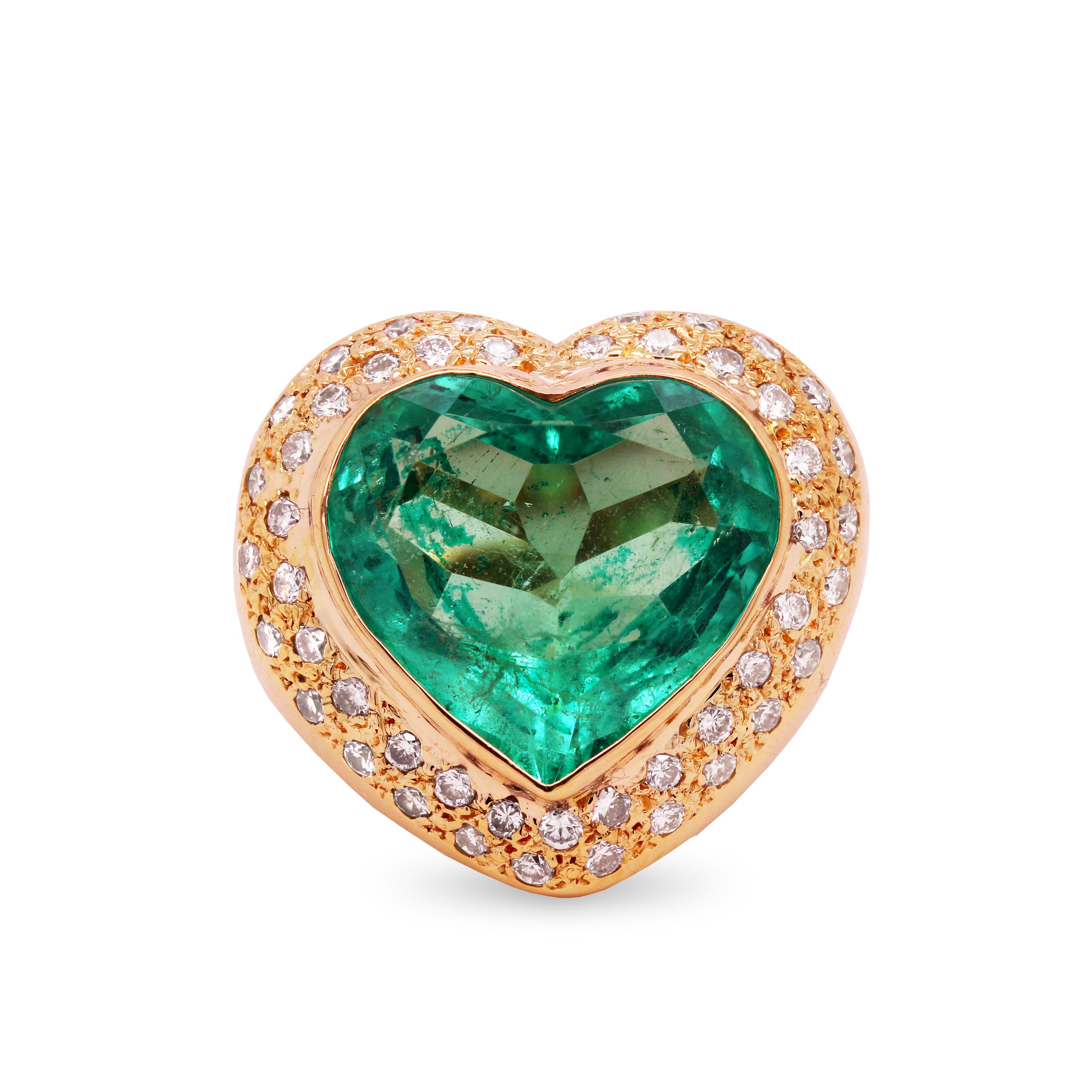 GIA Certified 8.79 Carat Heart Shape Colombian Emerald 18K Gold Diamond Ring

This one-of-a-kind ring features an incredible, large and vibrant, heart-shape Colombian Emerald set with diamonds surrounding.

The Emerald is classified as moderate