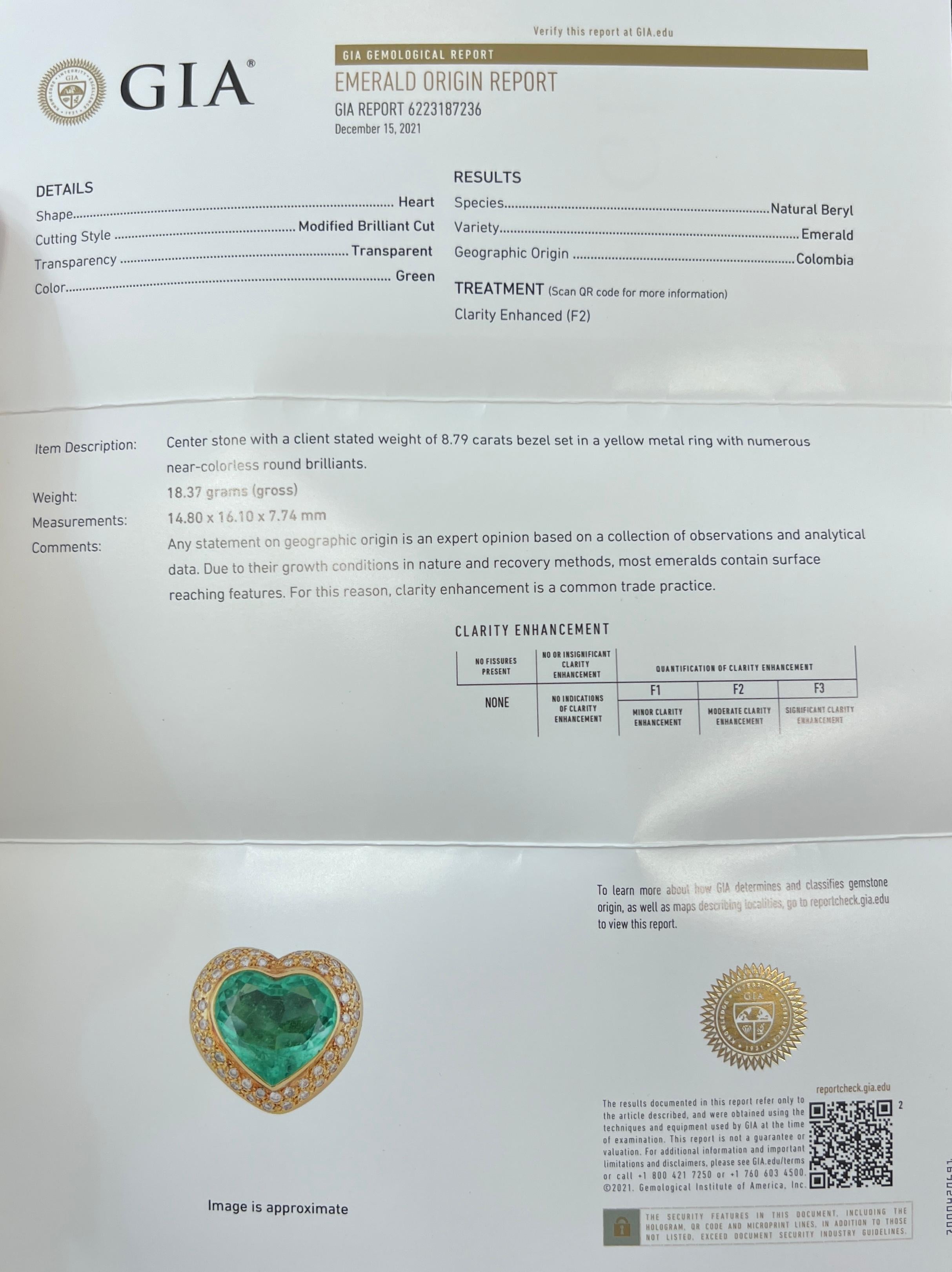 Heart Cut GIA Certified 8.79 Carat Heart Shape Colombian Emerald 18K Gold Diamond Ring