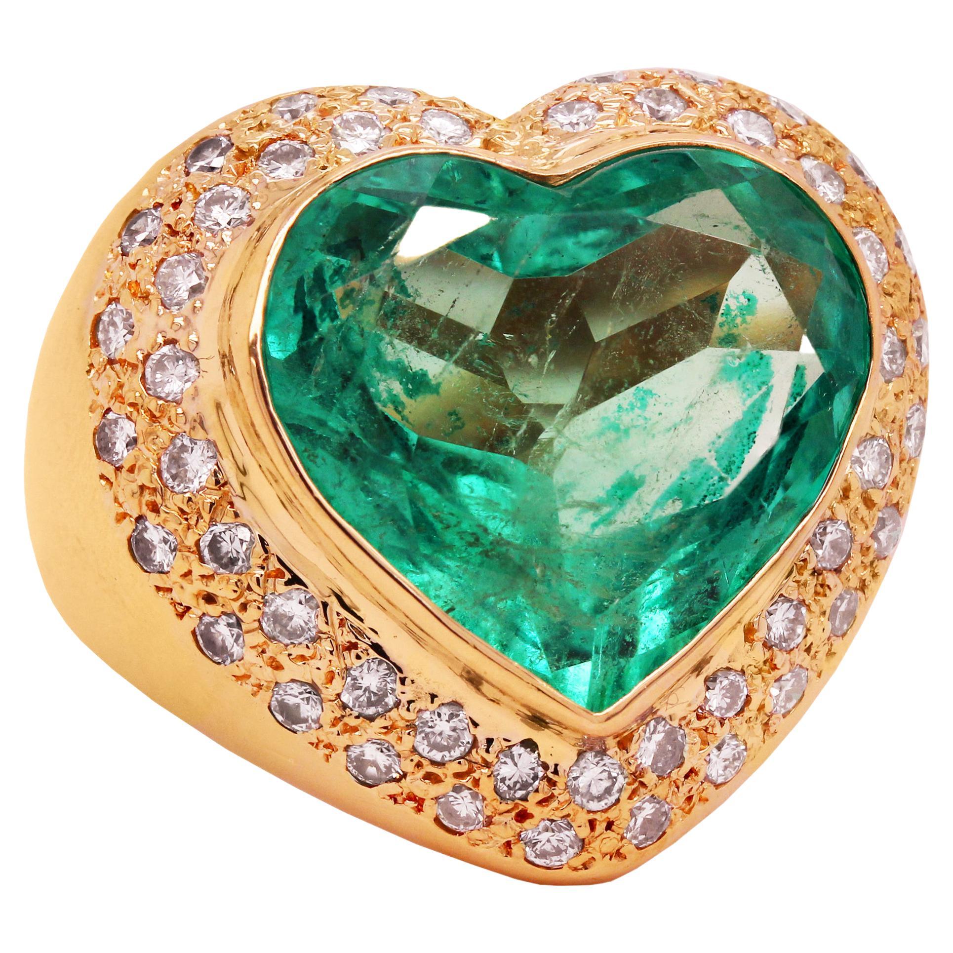 GIA Certified 8.79 Carat Heart Shape Colombian Emerald 18K Gold Diamond Ring
