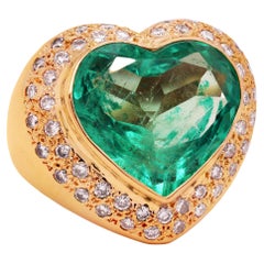 GIA Certified 8.79 Carat Heart Shape Colombian Emerald 18K Gold Diamond Ring