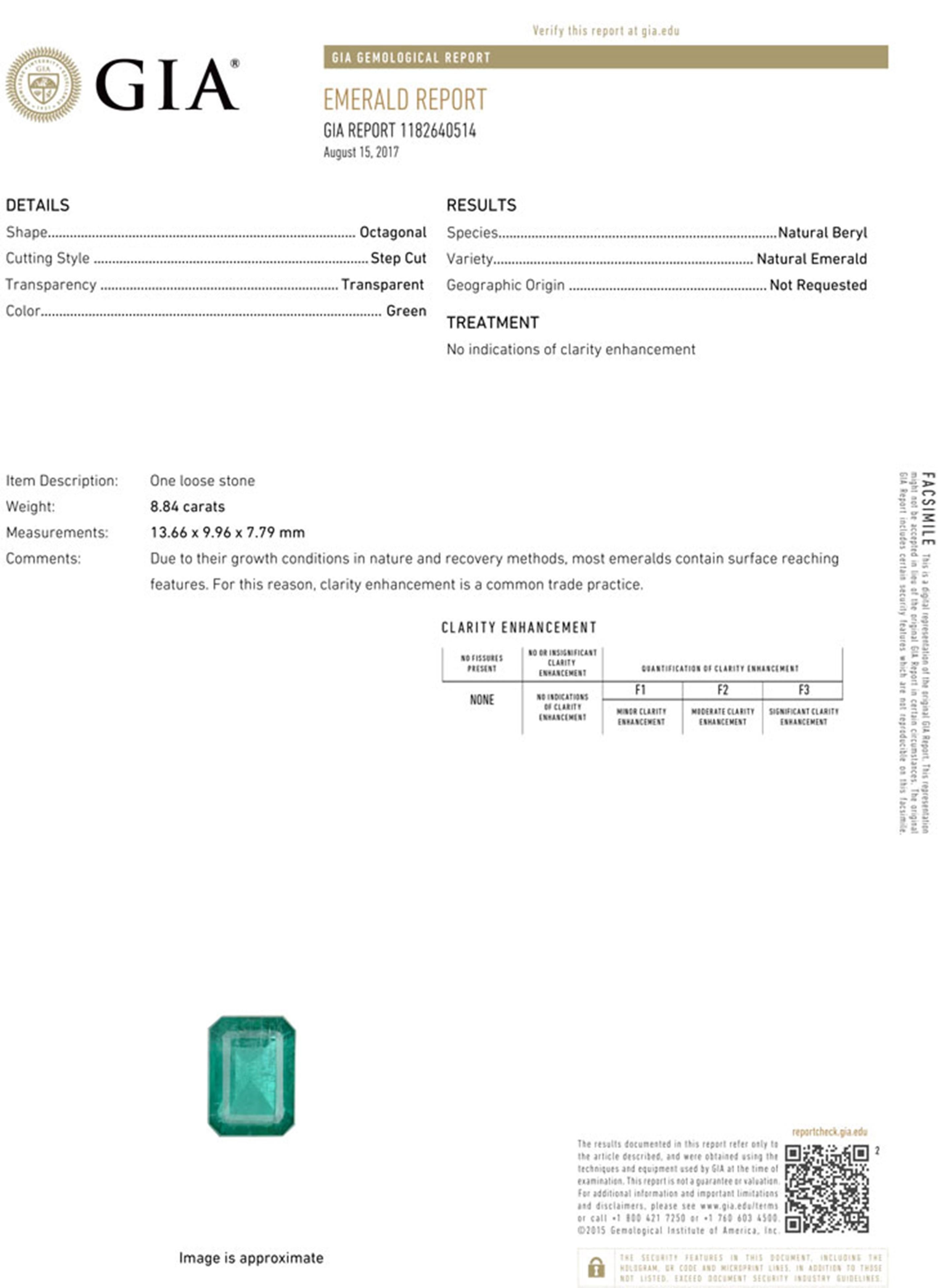 Women's or Men's GIA Certified 8.84 Carat NO OIL Emerald Diamond Ring For Sale
