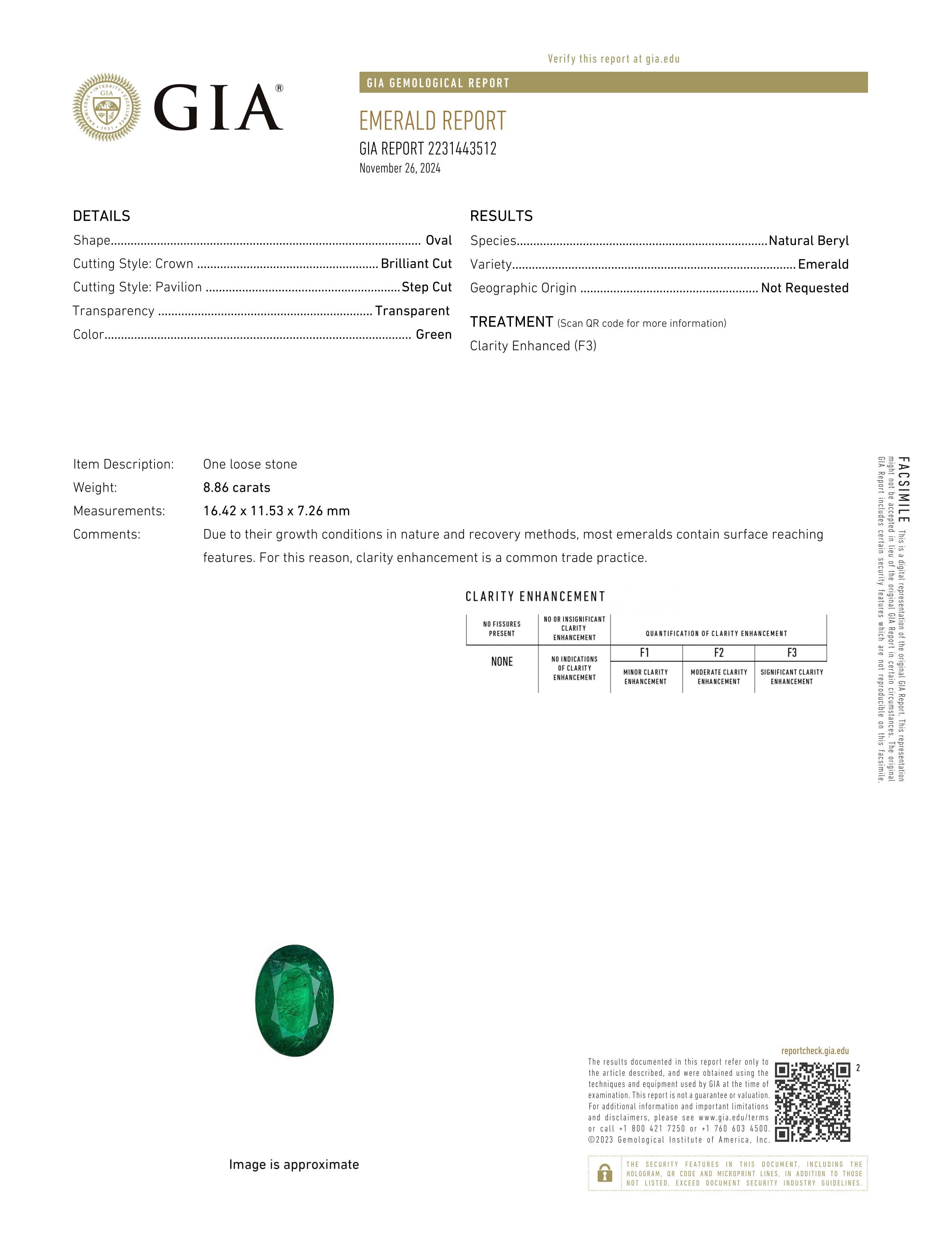 This stunning emerald and diamond cocktail ring showcases a vibrant, GIA-certified 8.86ct oval emerald, beautifully surrounded by delicate half moon diamonds. The emerald’s rich green hue is the centerpiece, offering an eye-catching pop of color.