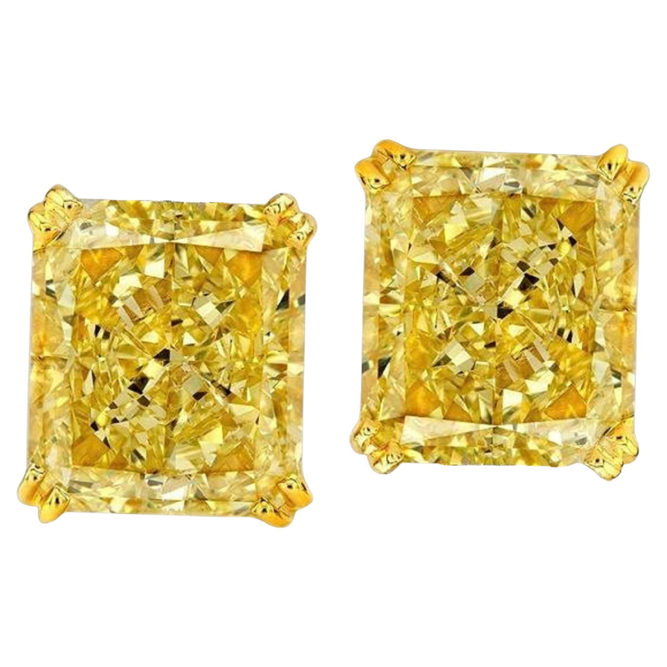 GIA Certified 8.34 Carat Fancy Yellow Radiant Diamond 18 Carats Gold Studs