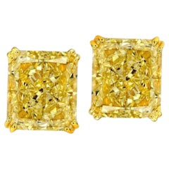 GIA Certified 8.34 Carat Fancy Yellow Radiant Diamond 18 Carats Gold Studs