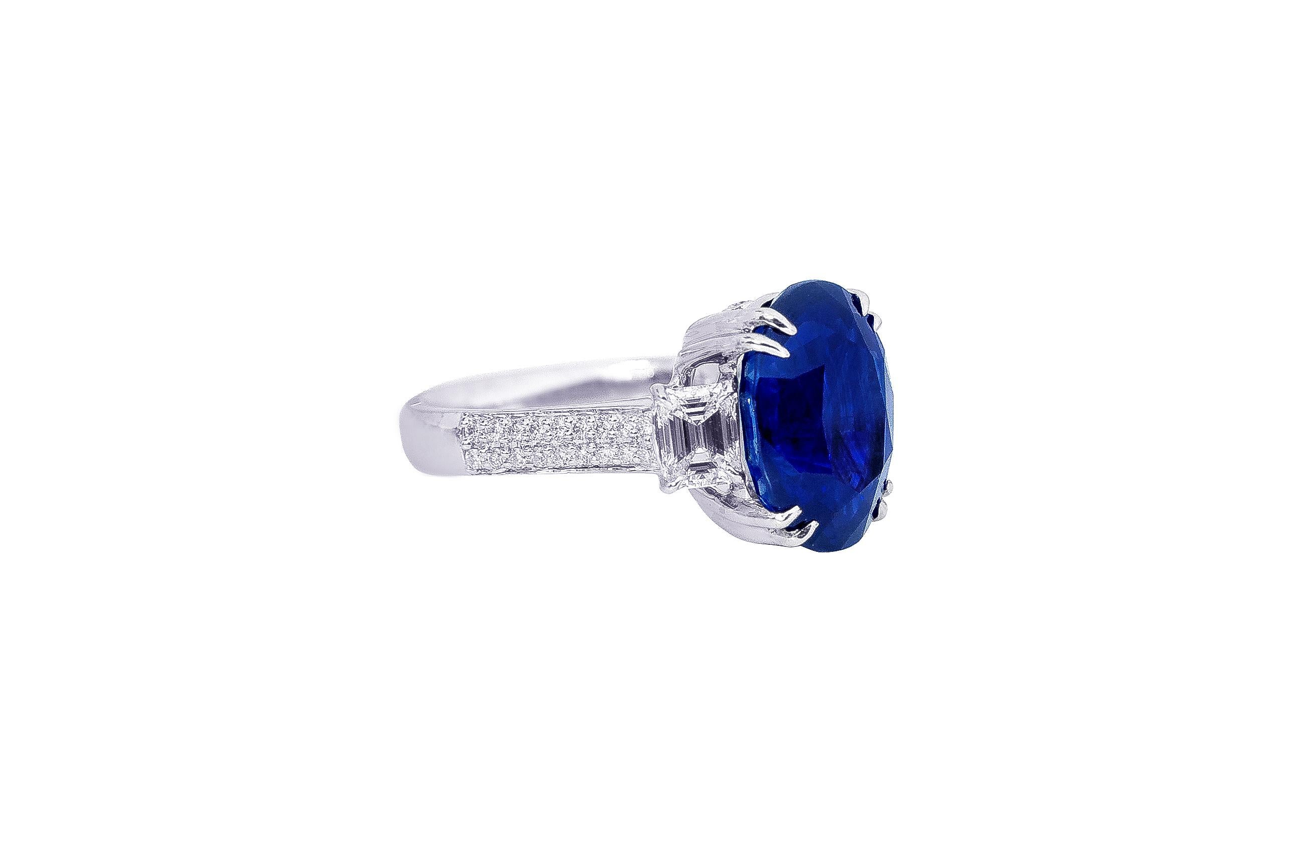 GIA Certified 8.90 Carat Royal Blue Sapphire Cocktail Ring in 18 Karat Gold

This glorious trinity royal blue sapphire and diamond ring is sensational. The three-stone trinity ring tells a story by not only representing the said “past, present, and