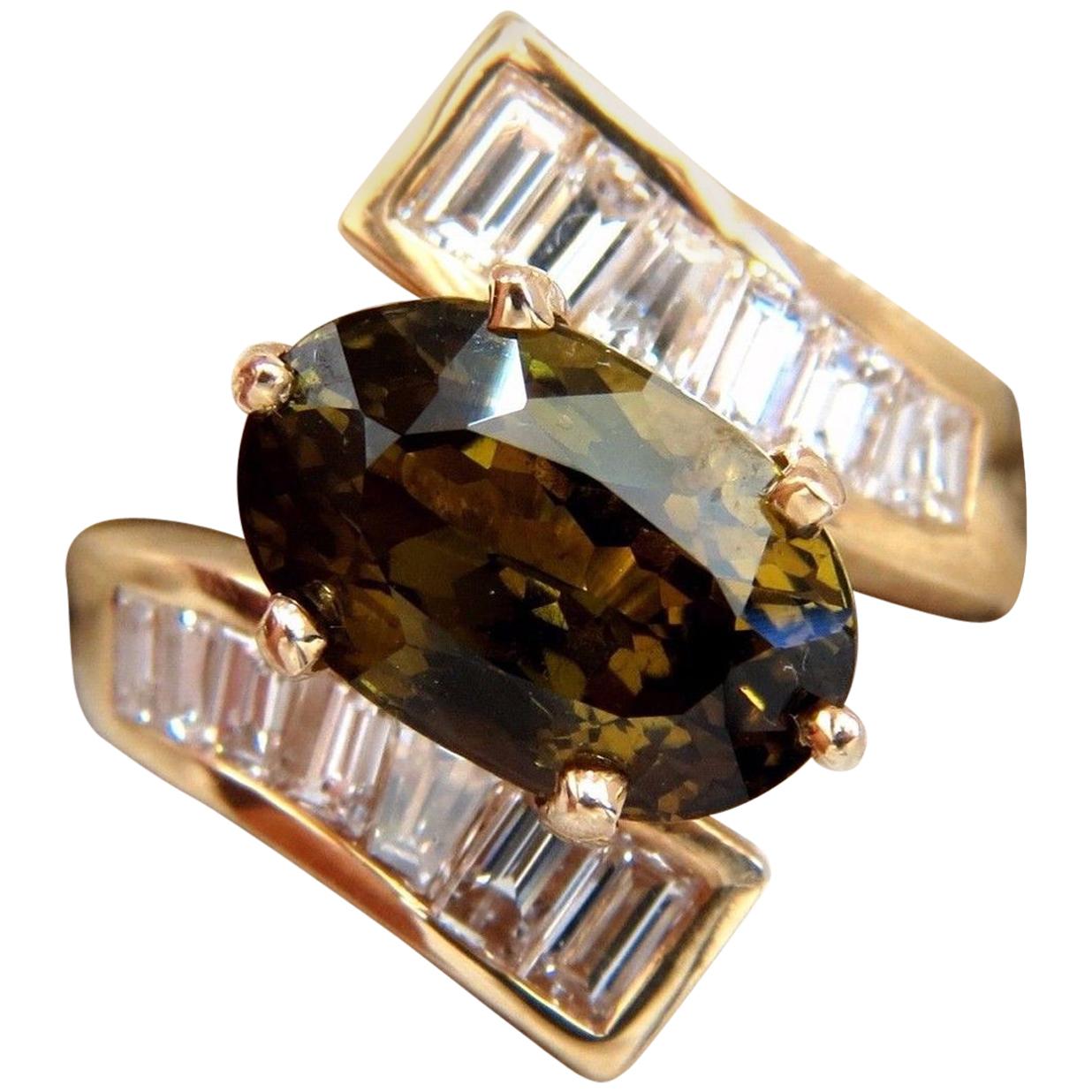 GIA Certified 8.92 Carat Natural Chrysoberyl Diamonds Bypass Ring 14 Karat For Sale