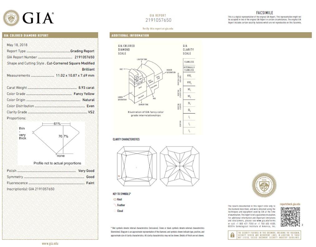 Contemporary GIA Certified 8.93 Carat Radiant Cut Natural Fancy Yellow VS2 Diamond Platinum For Sale