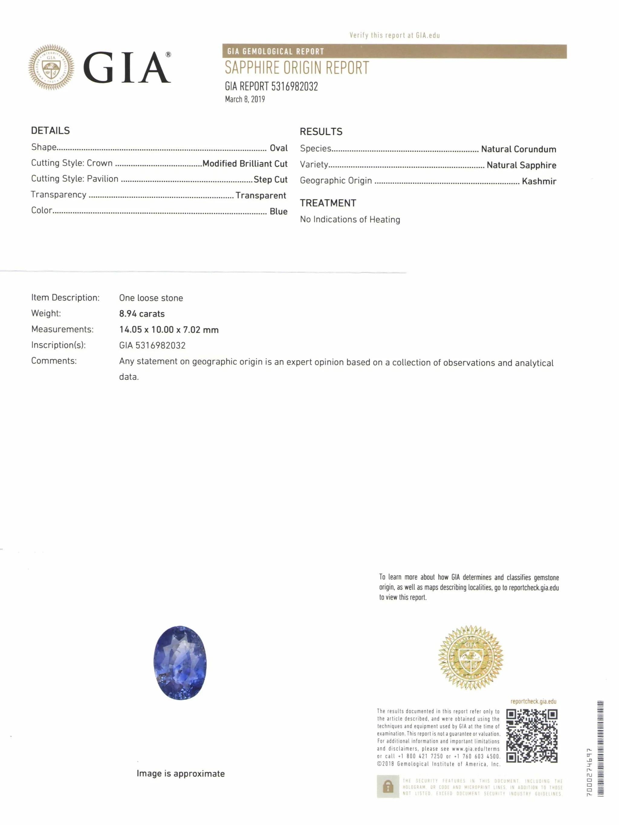 Bague KASHMIR avec saphir bleu taille ovale non chauffé de 8.94 carats certifié GIA Neuf - En vente à Rome, IT