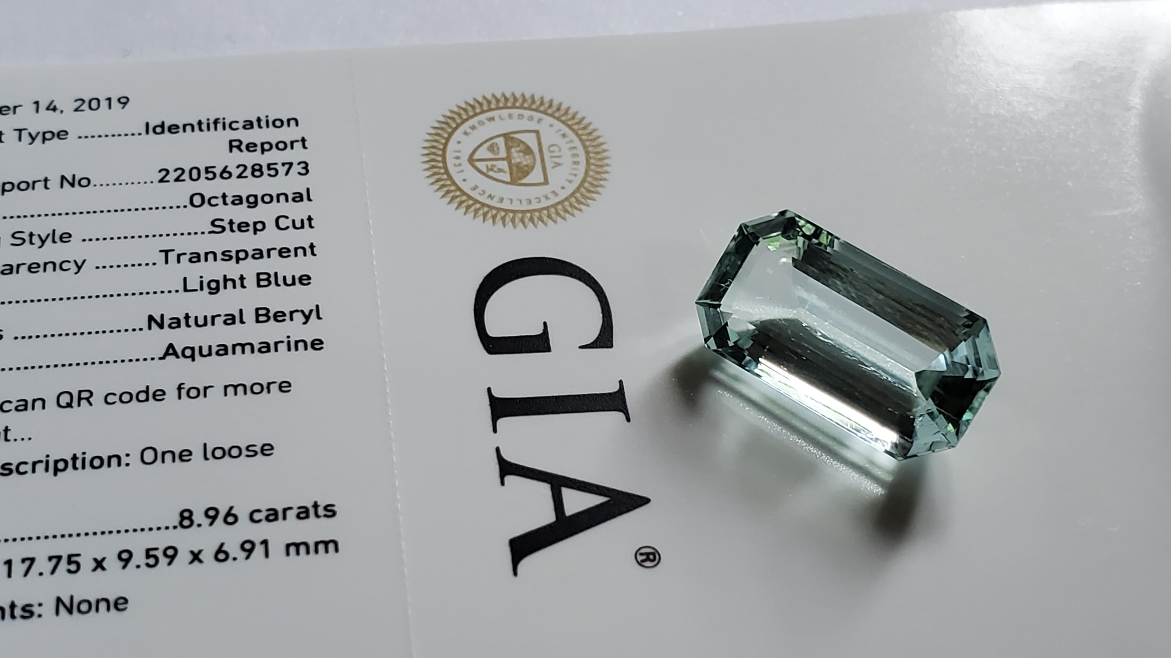 Octagon Cut GIA Certified 8.96ct Octagonal  Blue Aquamarine