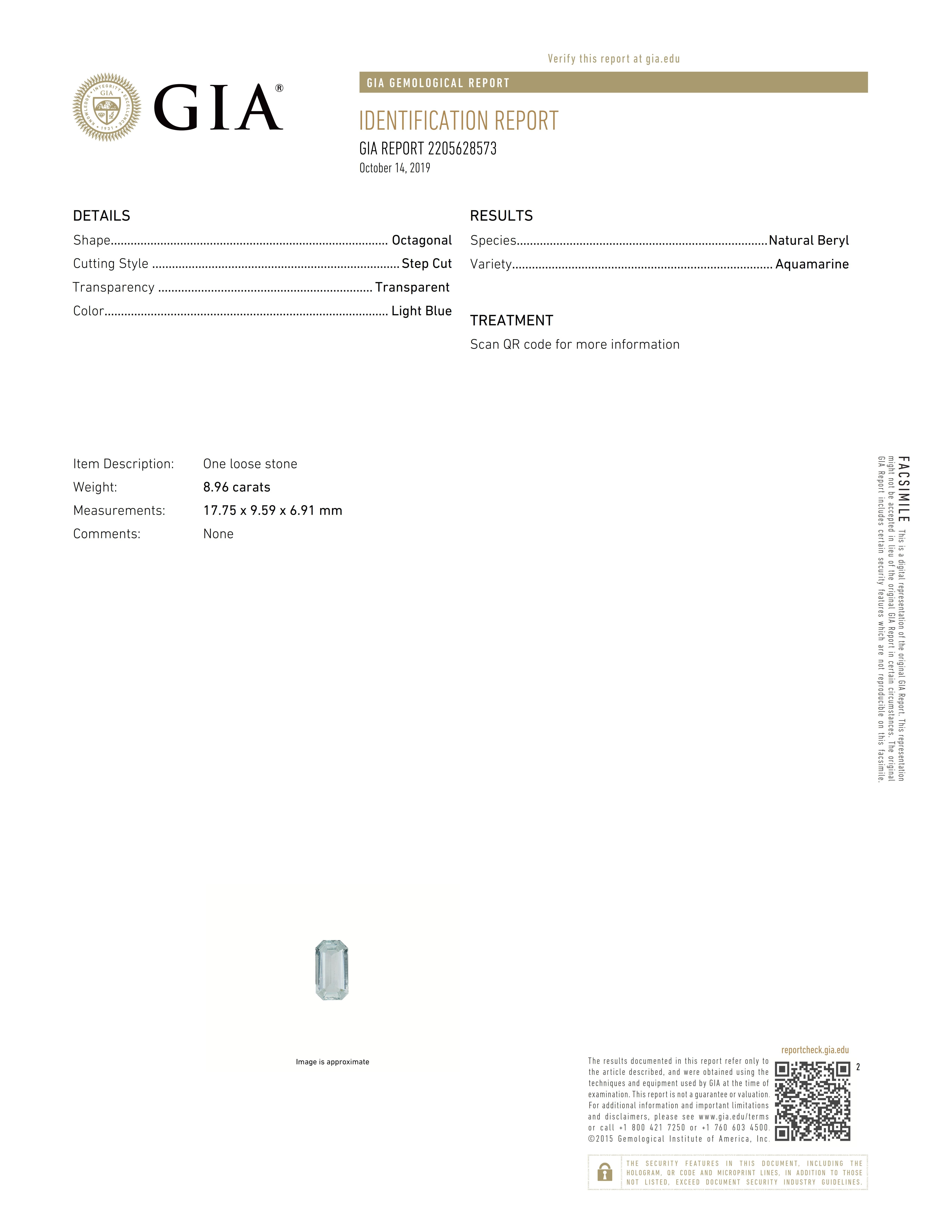 GIA Certified 8.96ct Octagonal  Blue Aquamarine 1