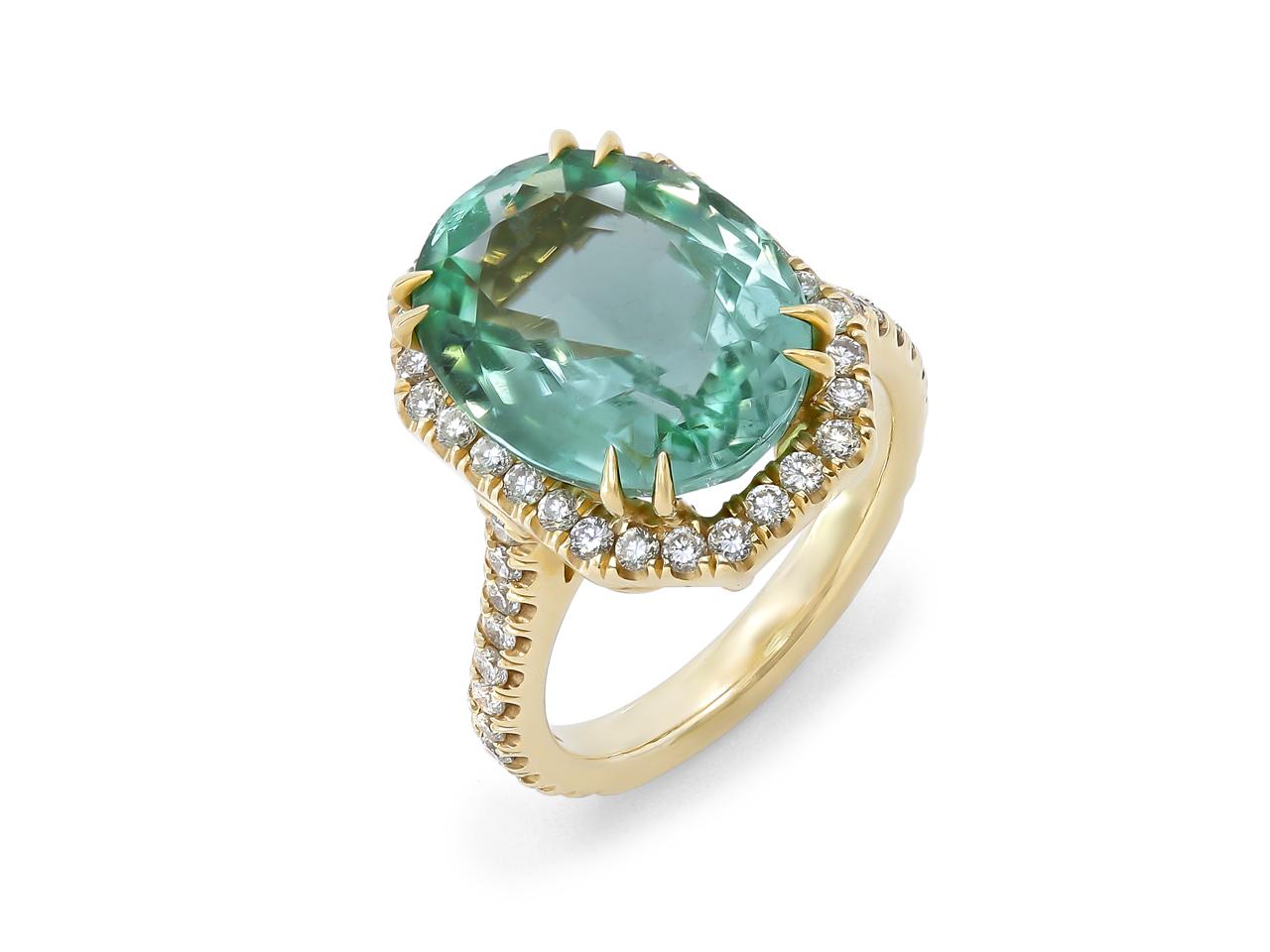GIA-certified 14K yellow gold ring featuring an 8.97-carat Paraiba-type mint green tourmaline from Mozambique, accented by 1.20 carats of diamonds. Size 6. GIA Report #2161174283.