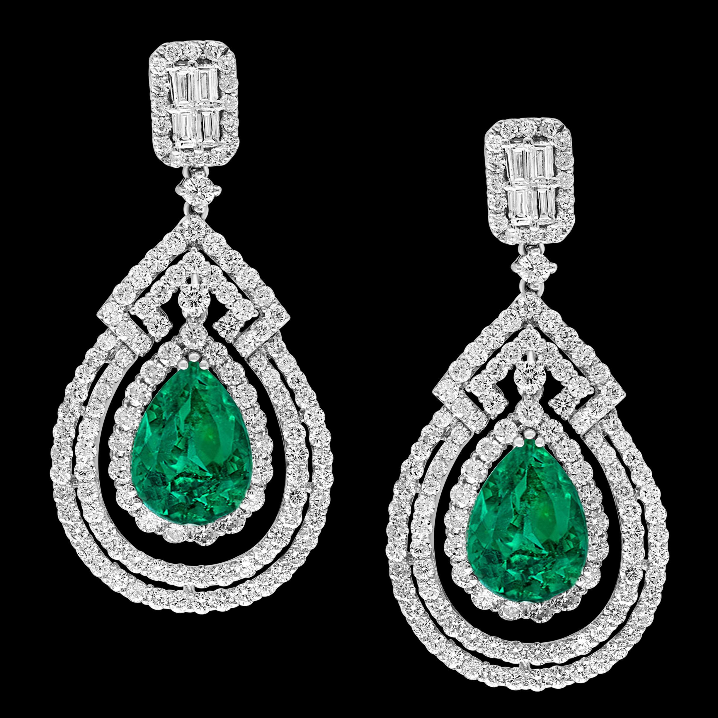 GIA Certified 8Ct Colombian Pear Emerald Diamond Hanging/ Drop Earrings 18K Gold For Sale 5