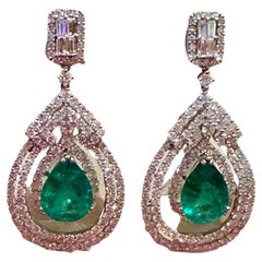 GIA Certified 8Ct Colombian Pear Emerald Diamond Hanging/ Drop Earrings 18K Gold