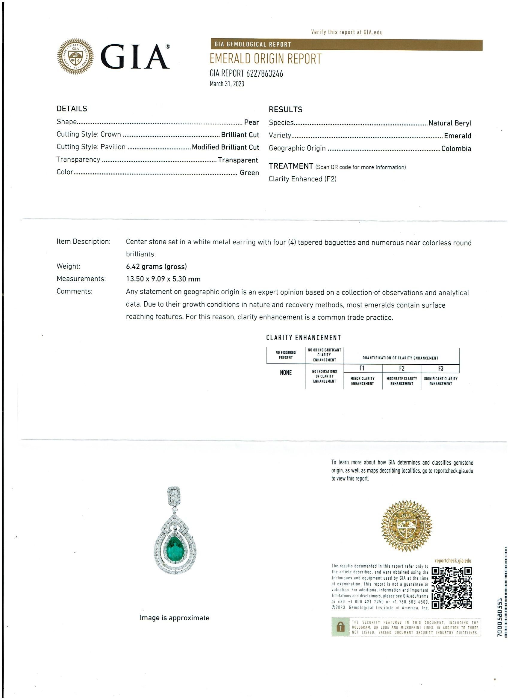 GIA Certified 8Ct Colombian Pear Emerald Diamond Hanging/ Drop Earrings 18K Gold In Excellent Condition For Sale In New York, NY