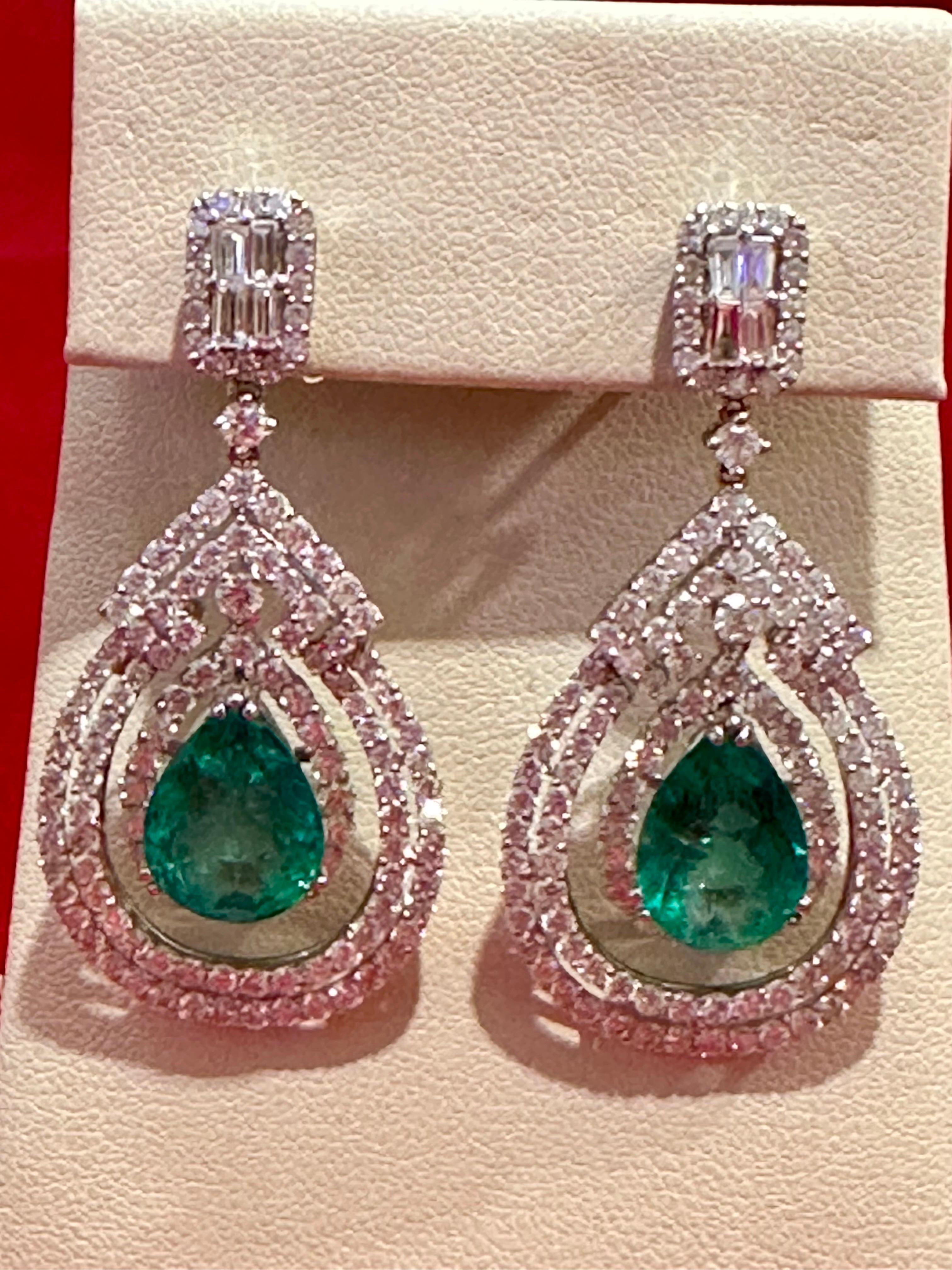 Women's GIA Certified 8Ct Colombian Pear Emerald Diamond Hanging/ Drop Earrings 18K Gold For Sale