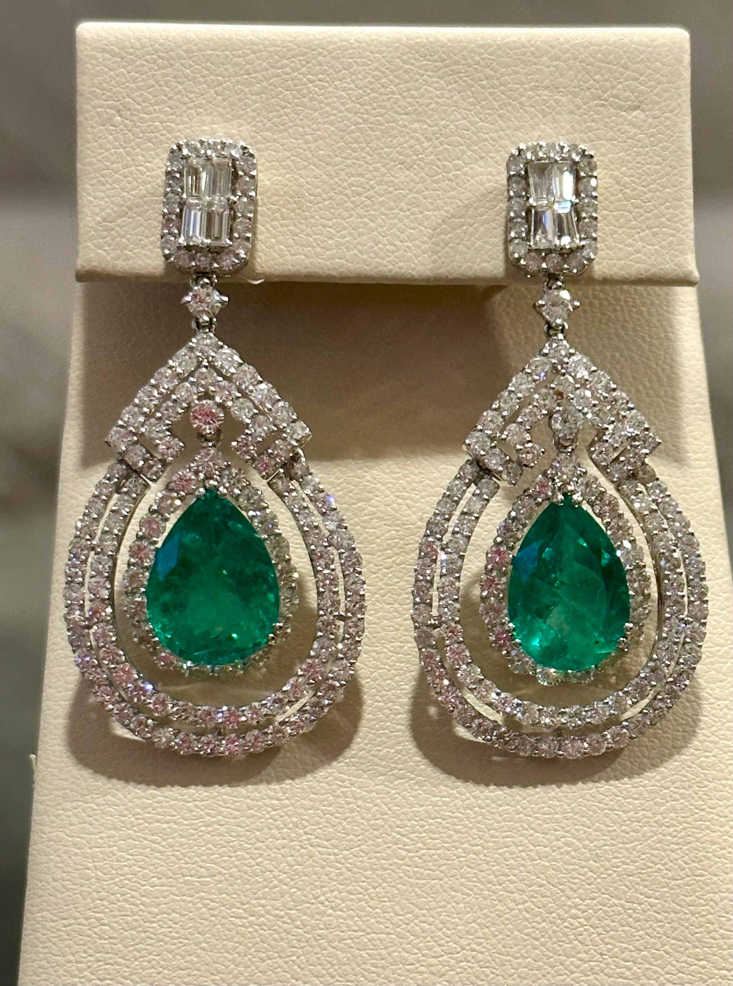 GIA Certified 8Ct Colombian Pear Emerald Diamond Hanging/ Drop Earrings 18K Gold For Sale 1
