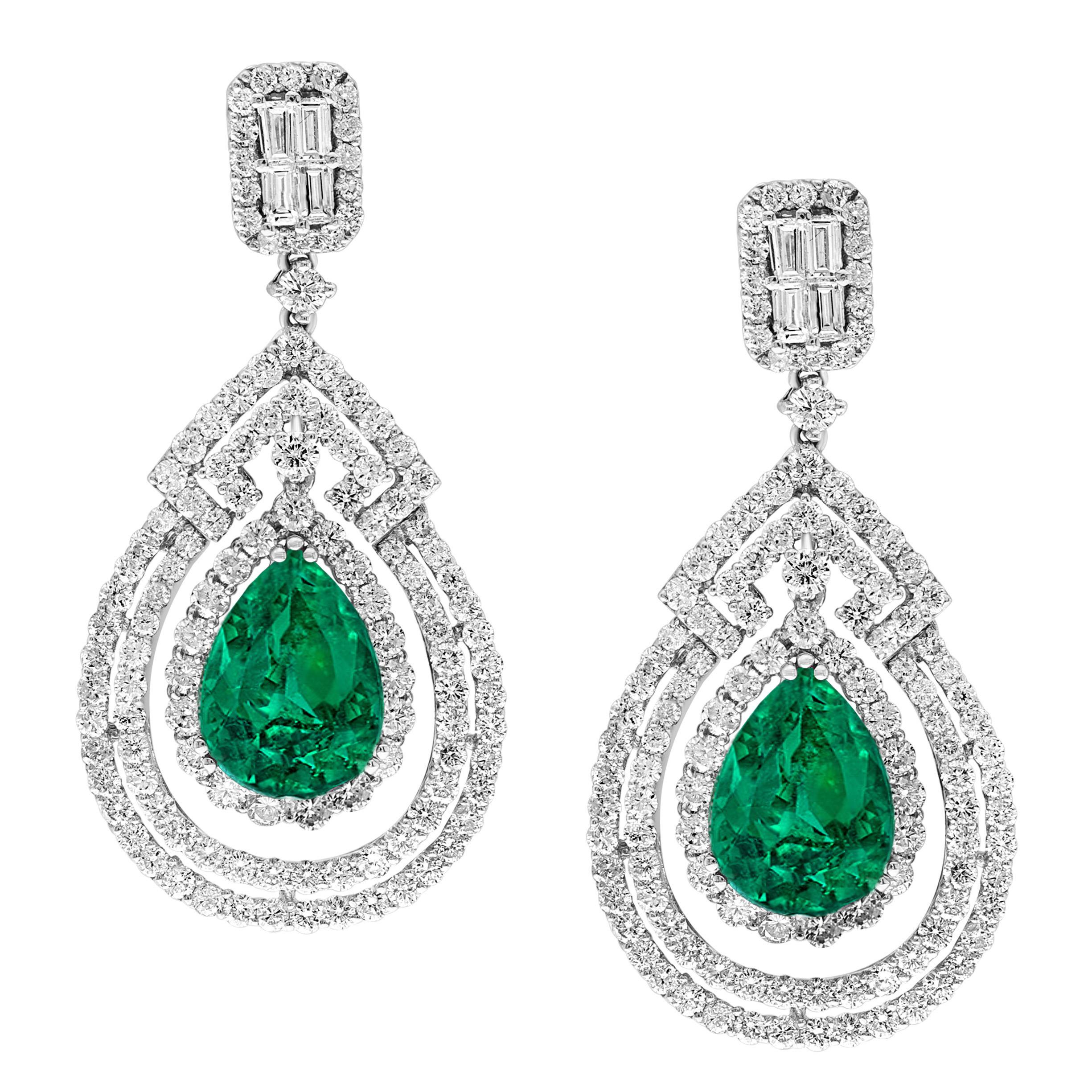 GIA Certified 8Ct Colombian Pear Emerald Diamond Hanging/ Drop Earrings 18K Gold For Sale