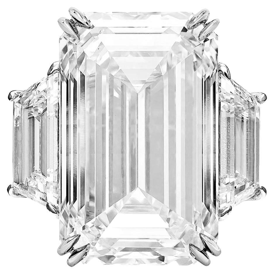 GIA Certified 9.03 Carat Emerald Cut Diamond Ring with Trapezoid Diamond on side For Sale