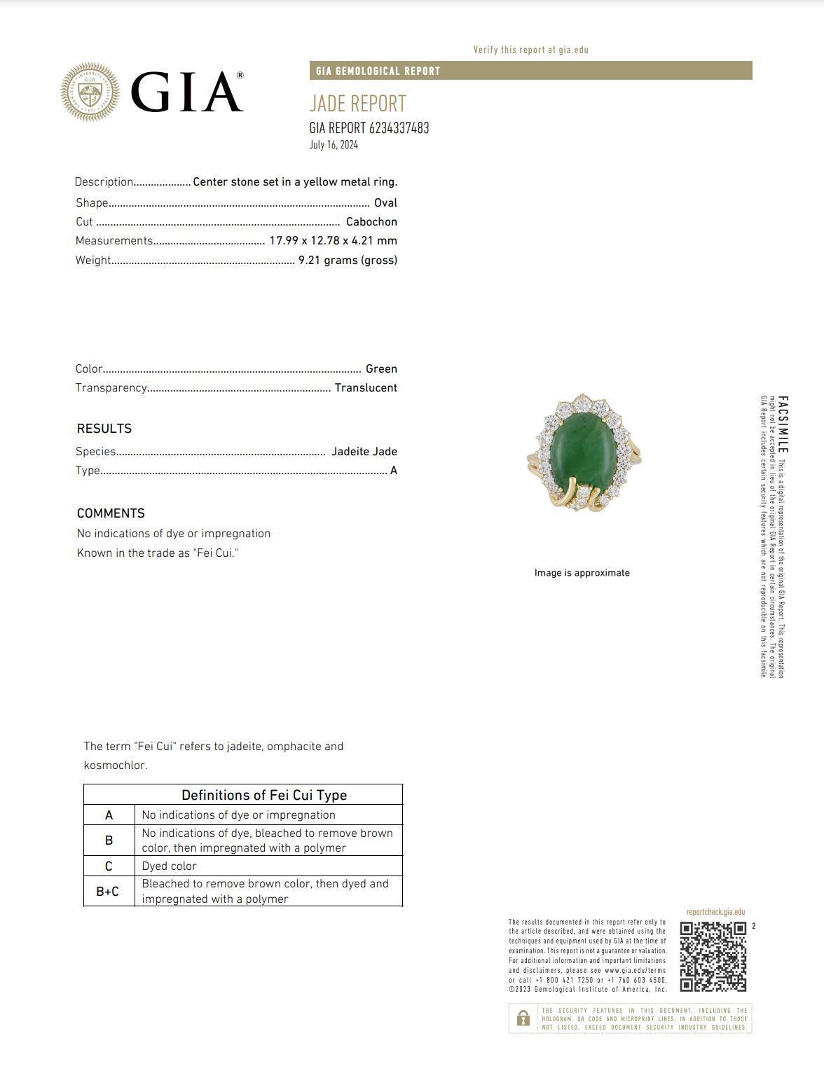 GIA Certified 9 Carat Jadeite Jade Type A and Diamond Halo Ring For Sale 4