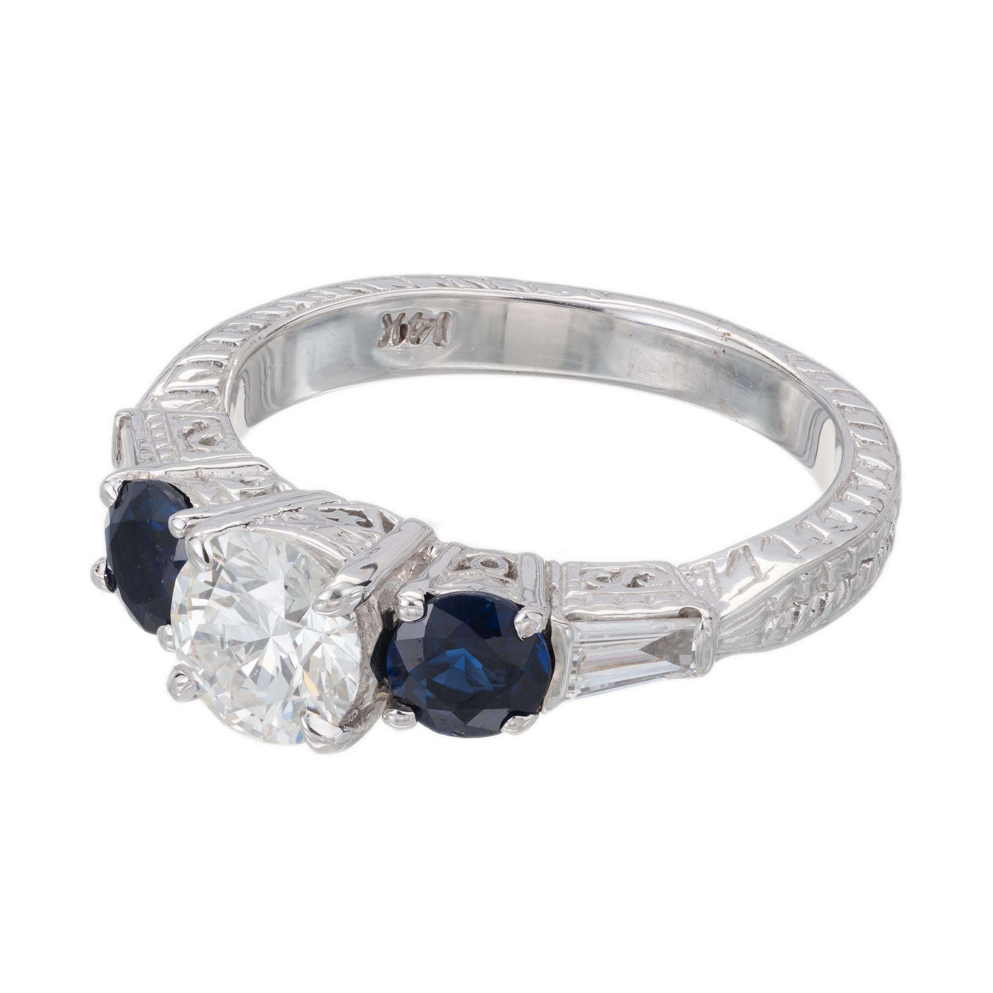 Round Cut GIA Certified .90 Carat Diamond Sapphire Gold Engagement Ring For Sale