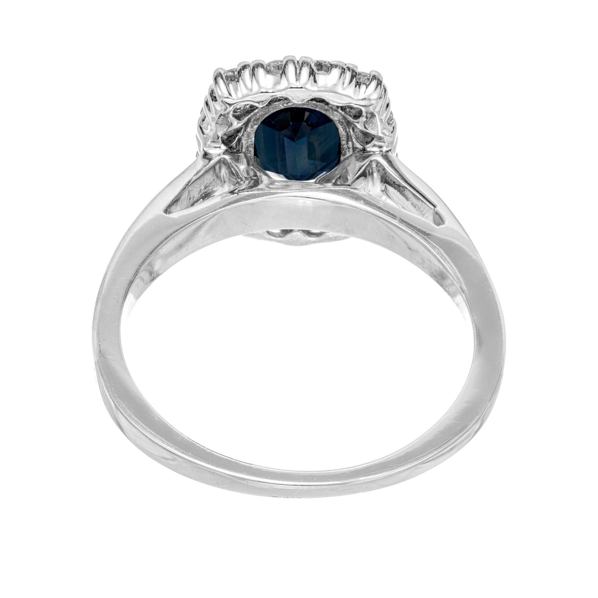 GIA Certified .90 Carat Oval Sapphire Diamond Halo White Gold Engagement Ring For Sale 1