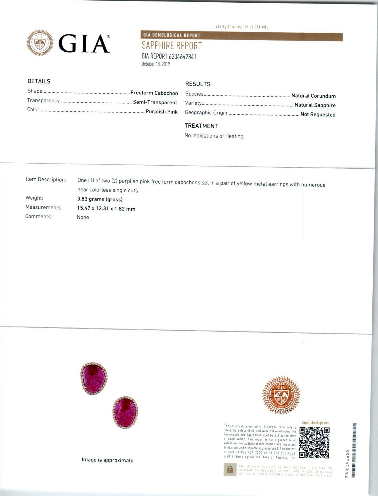 GIA Certified 9.00 Carat Purple Pink Sapphire Diamond Yellow Gold Earrings For Sale 5