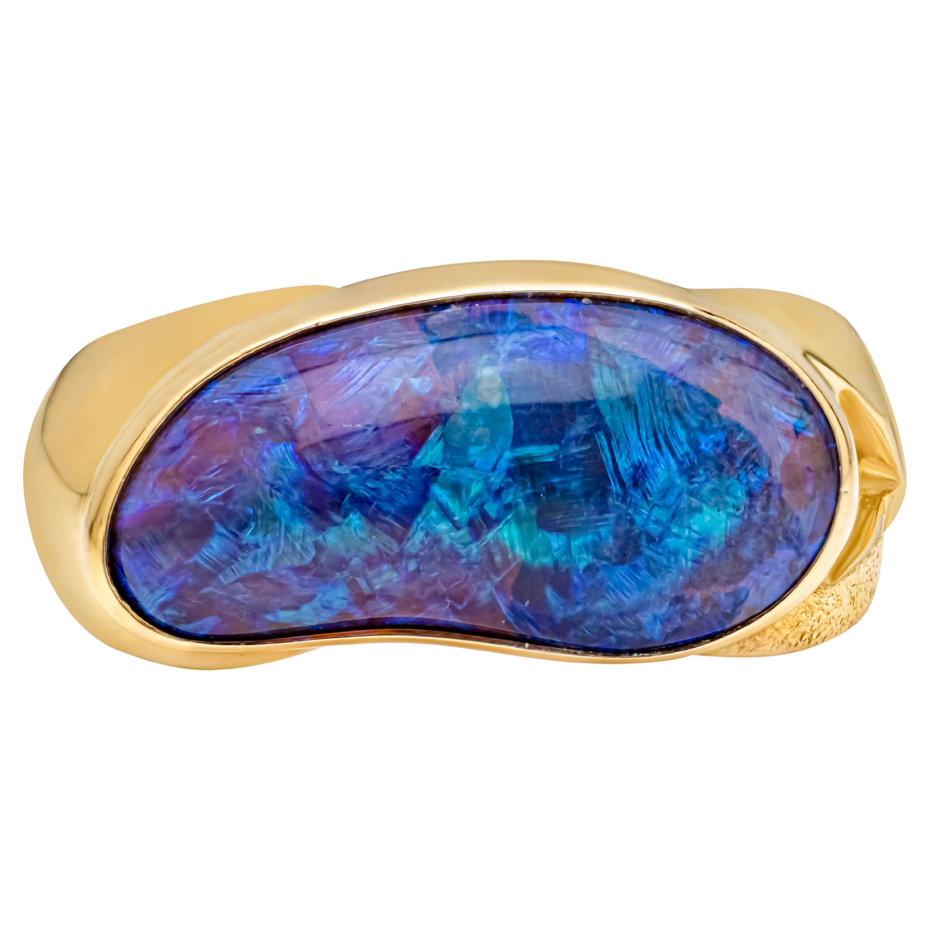 GIA Certified 9.00 Carats Natural Black Opal Yellow Gold Men's Fashion Ring For Sale