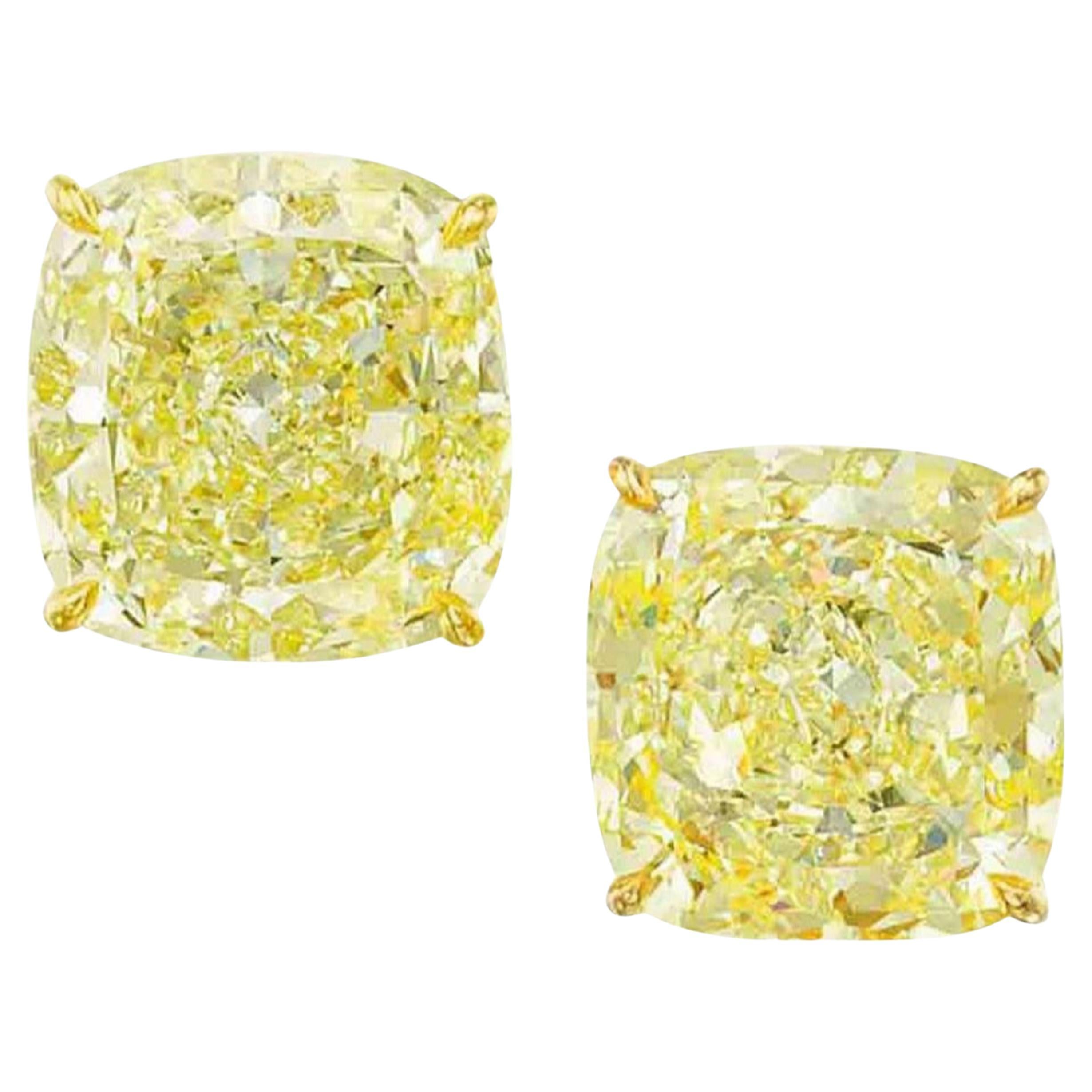 GIA Certified 9.01 Carat Fancy Light Yellow Cushion Cut Diamond Stud Earrings