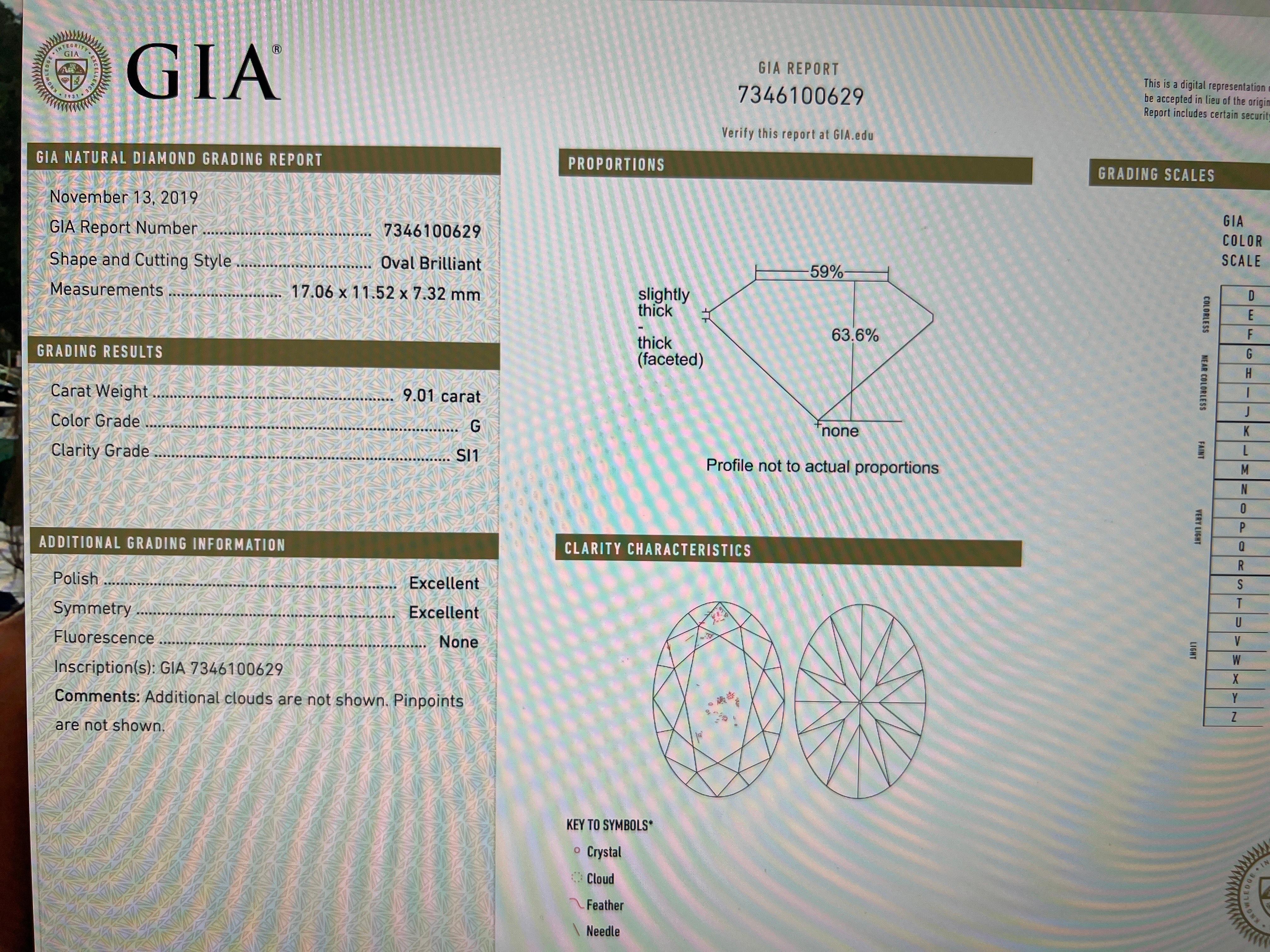 GIA Certified 9.01 Carat Natural Oval Brilliant G Color Diamond Engagement Ring For Sale 1