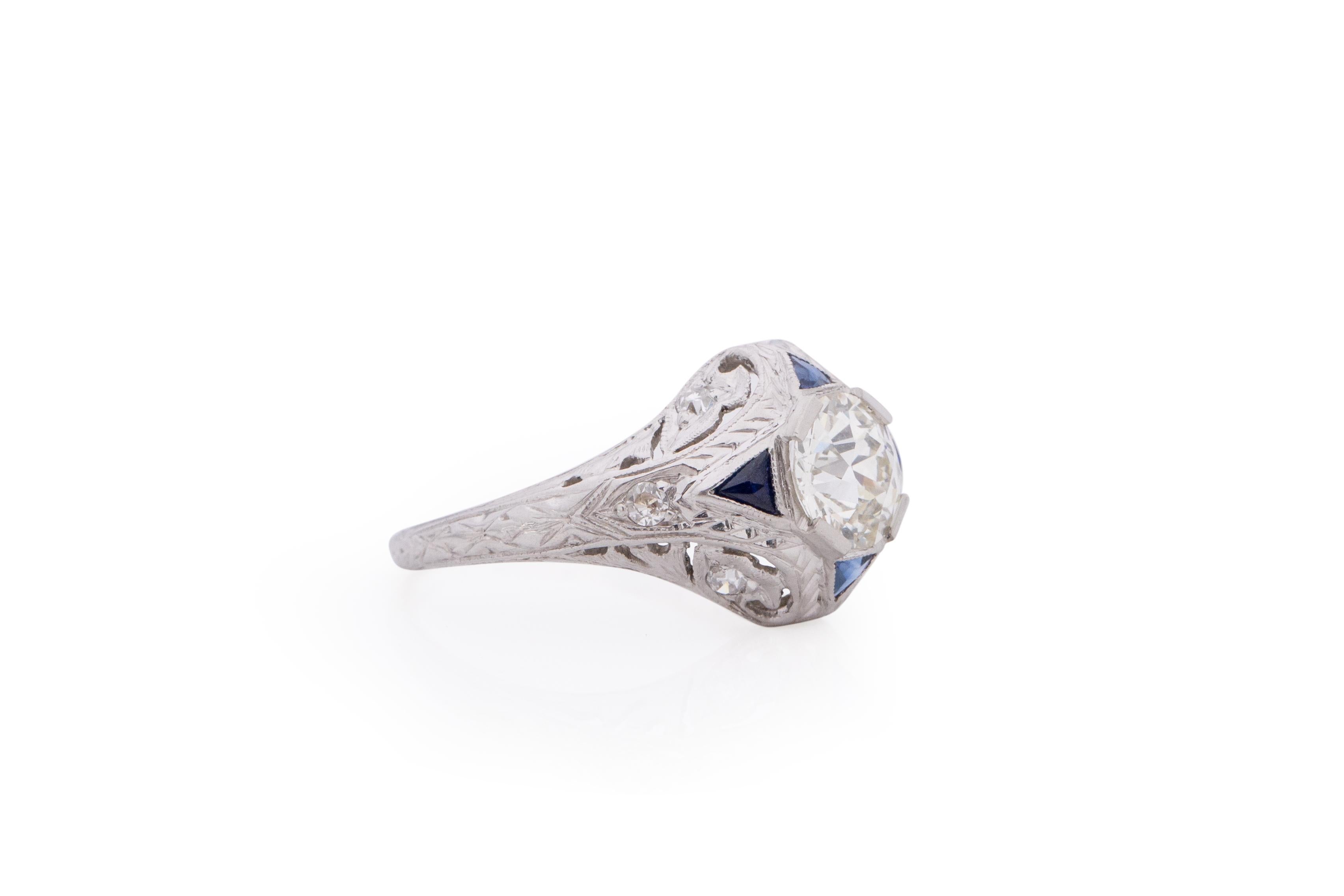 Item Details: 
Ring Size: 5.25
Metal Type: Platinum [Hallmarked, and Tested]
Weight: 2.0 dwt

Center Diamond Details:
GIA REPORT #: 2191947516
Weight: .91
Cut: Old European brilliant
Color: L
Clarity: VS2
Measurements: 6.22 x 6.09 x 4.03mm

Side