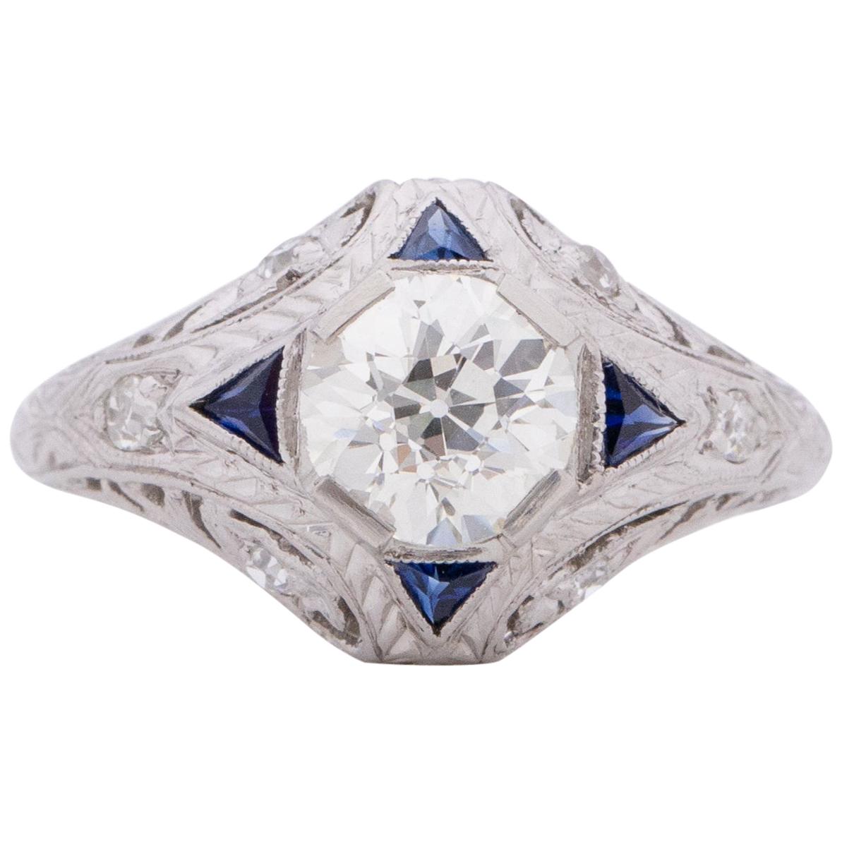 GIA Certified .91 Carat Art Deco Diamond Platinum Engagement Ring For Sale