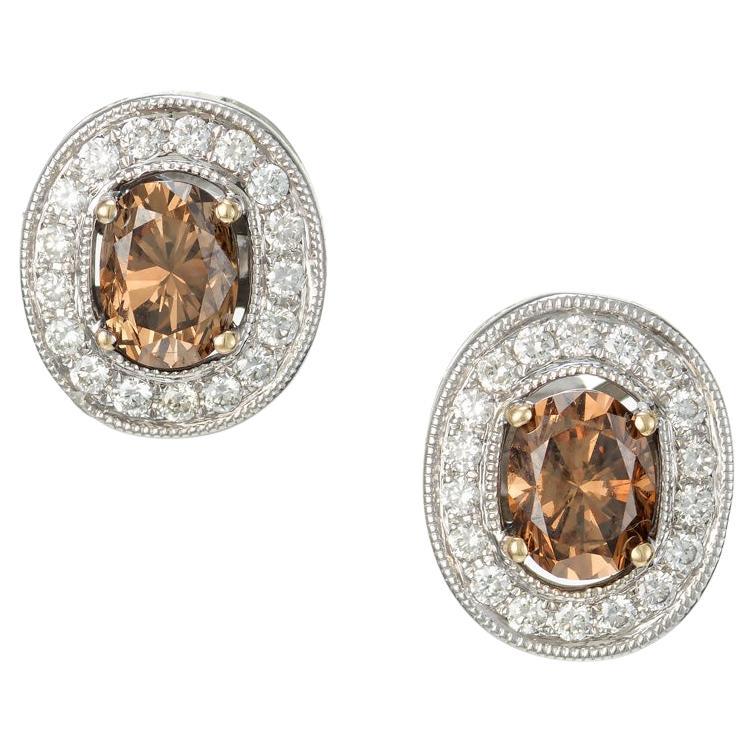 GIA Certified .91 Carat Orange Brown Diamond White Gold Earrings For Sale