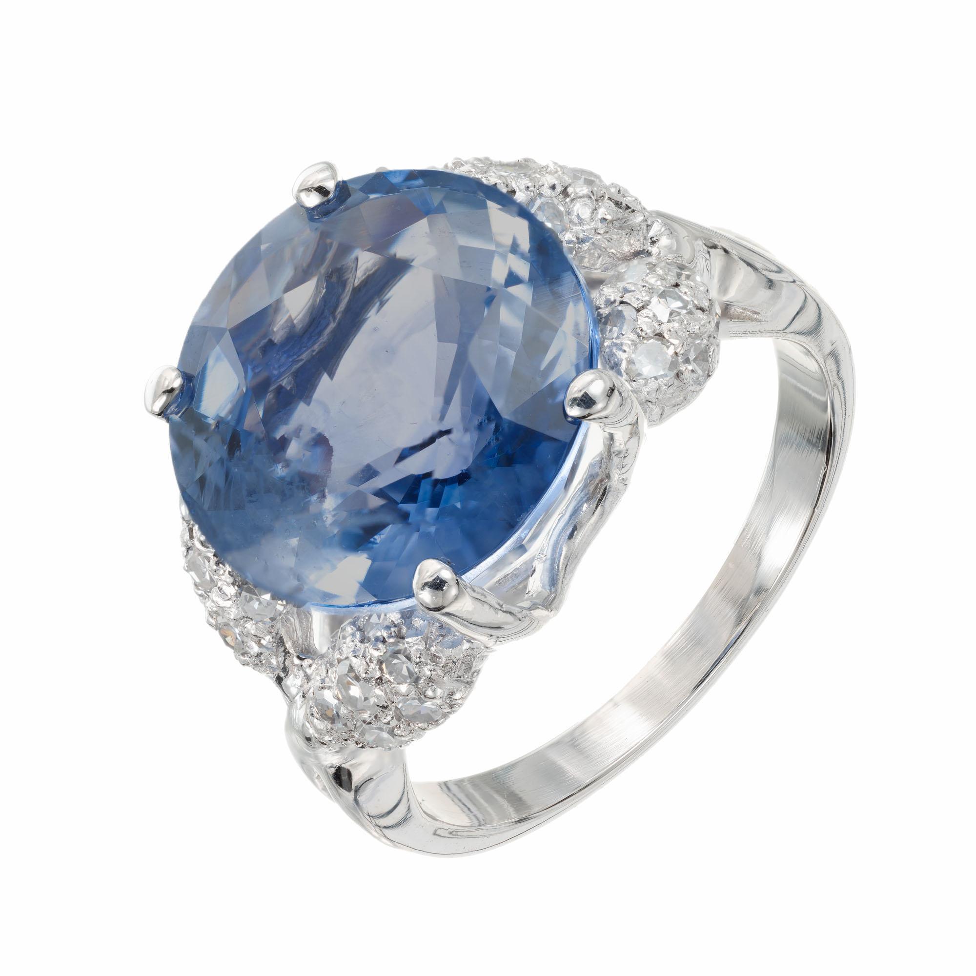 Art Deco sapphire and diamond engagement ring. 9.13 carat GIA certified Ceylon round center sapphire with 28 pave set accent diamonds in a slip shank platinum setting. 

1 round Ceylon sapphire 9.13cts. Moderate inclusions. GIA certified# 5202729491