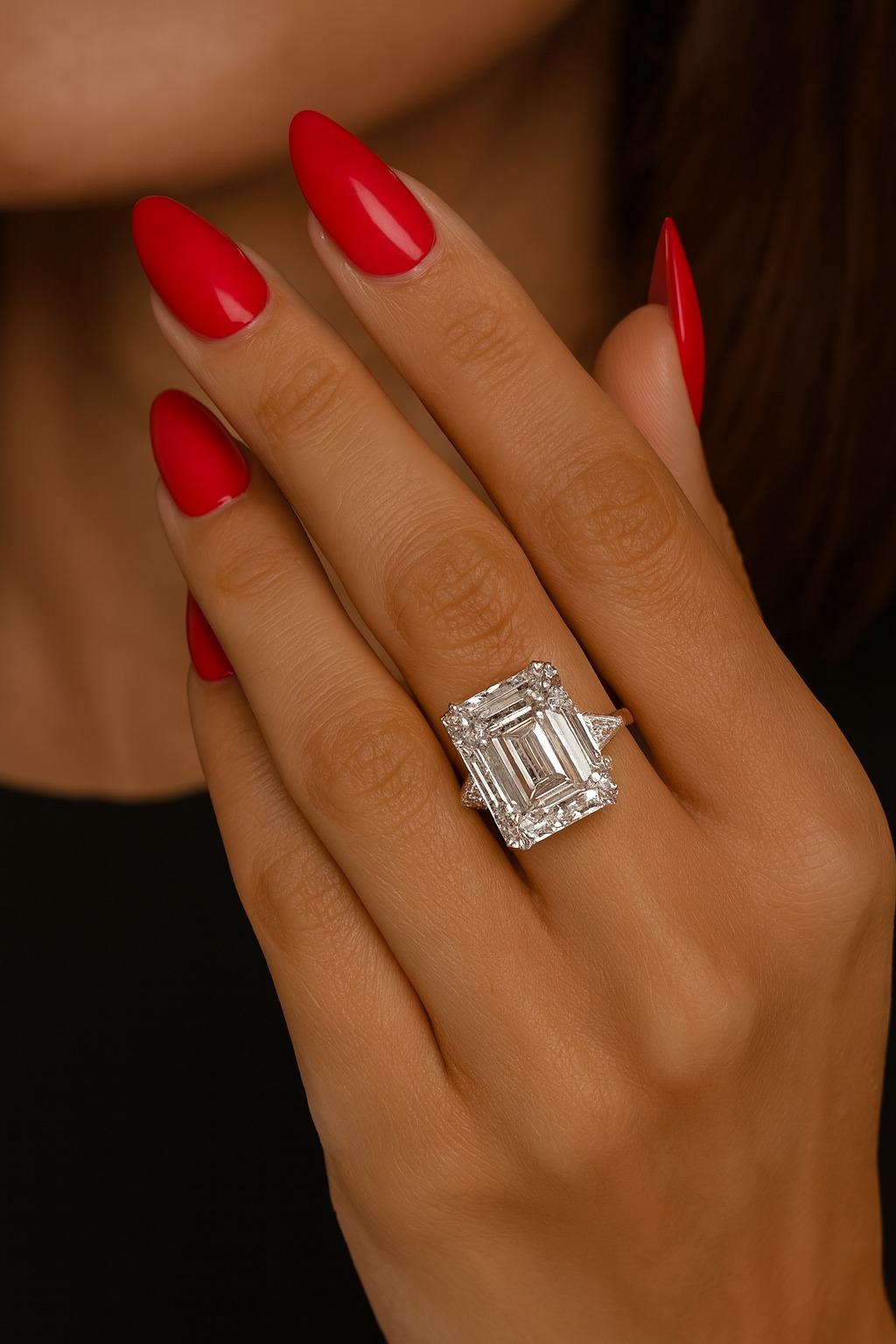 Anillo de diamantes talla esmeralda de 9,14 quilates certificado por el GIA con piedras laterales en trillón en platino

Este anillo, una impresionante obra maestra de elegancia atemporal, exhibe un espectacular diamante talla esmeralda de 9,14
