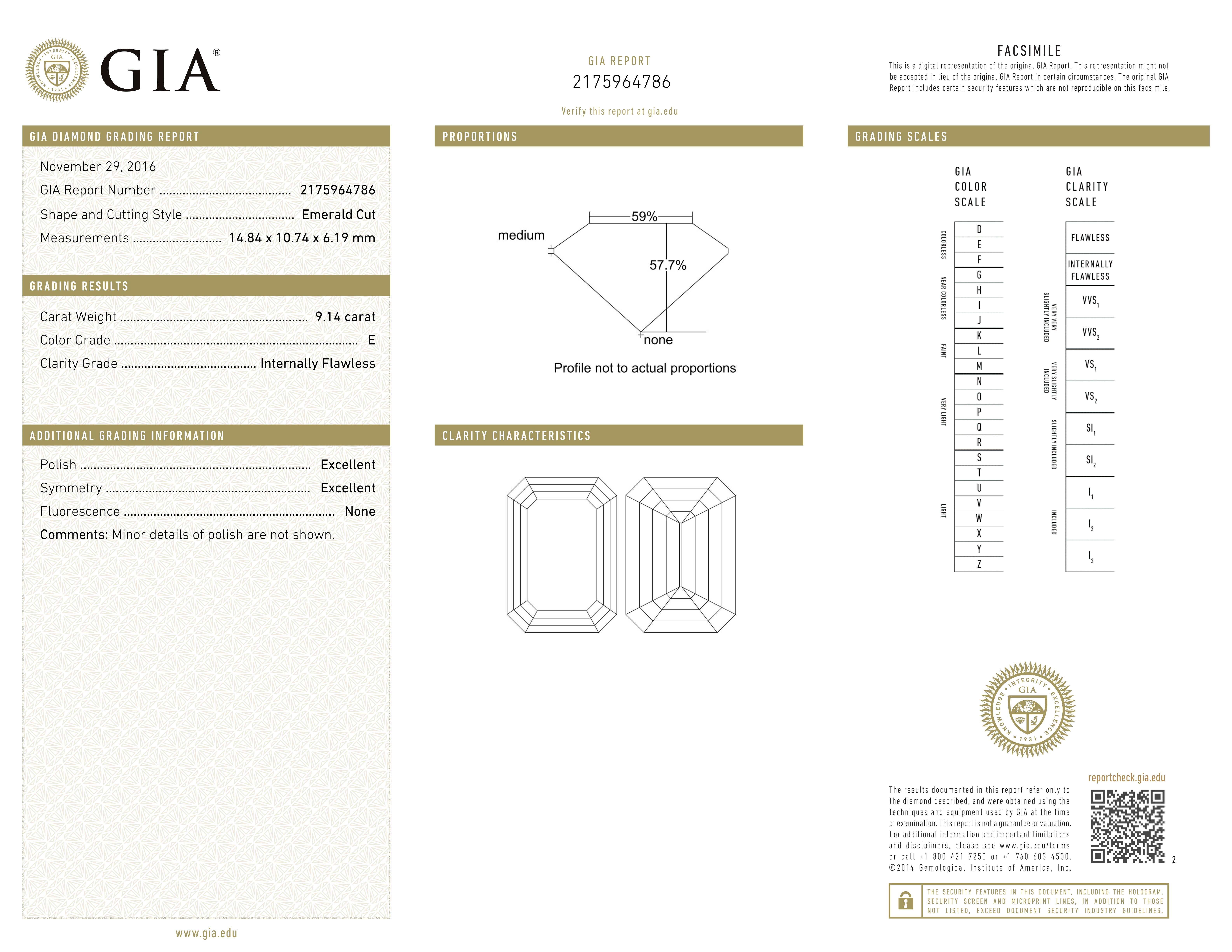 Anillo de diamantes talla esmeralda de 9,14 quilates certificado por el GIA con piedras laterales en trillón en Nuevo estado para la venta en Chicago, IL
