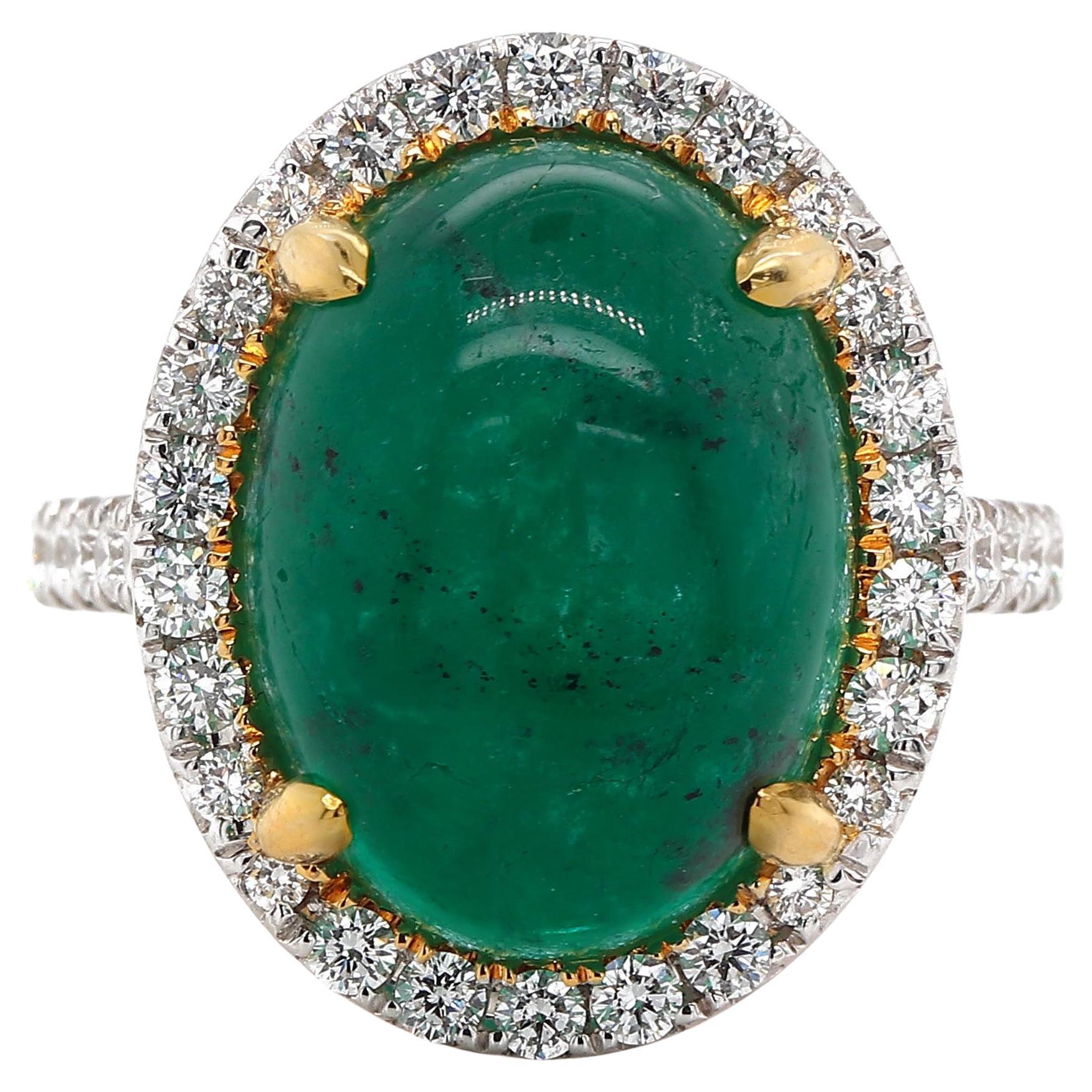 GIA Certified 9.17 Carat Cabochon Emerald and Diamonds Ring For Sale